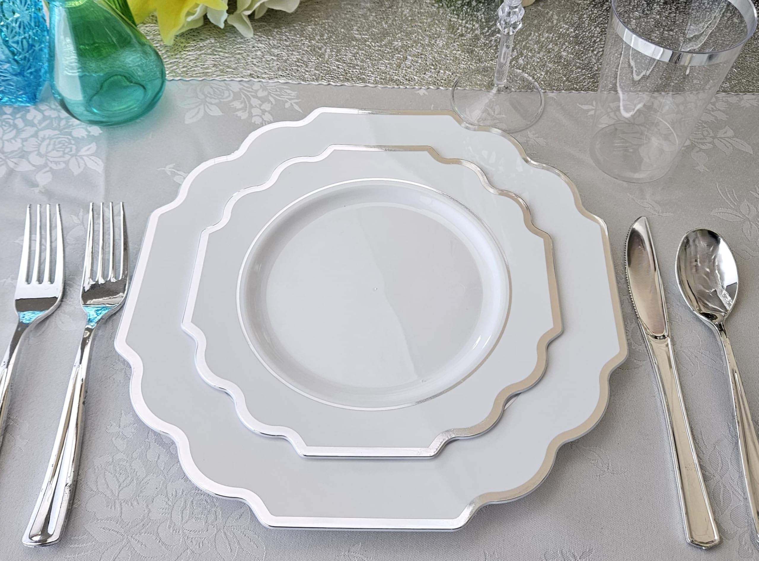 40-Pack Heavyweight Disposable Plastic Plates for Weddings & Parties - 10.5 Inch Elegant White & Silver Dinner Plates - Perfect for Formal Events, Bridal Showers & Catering Services