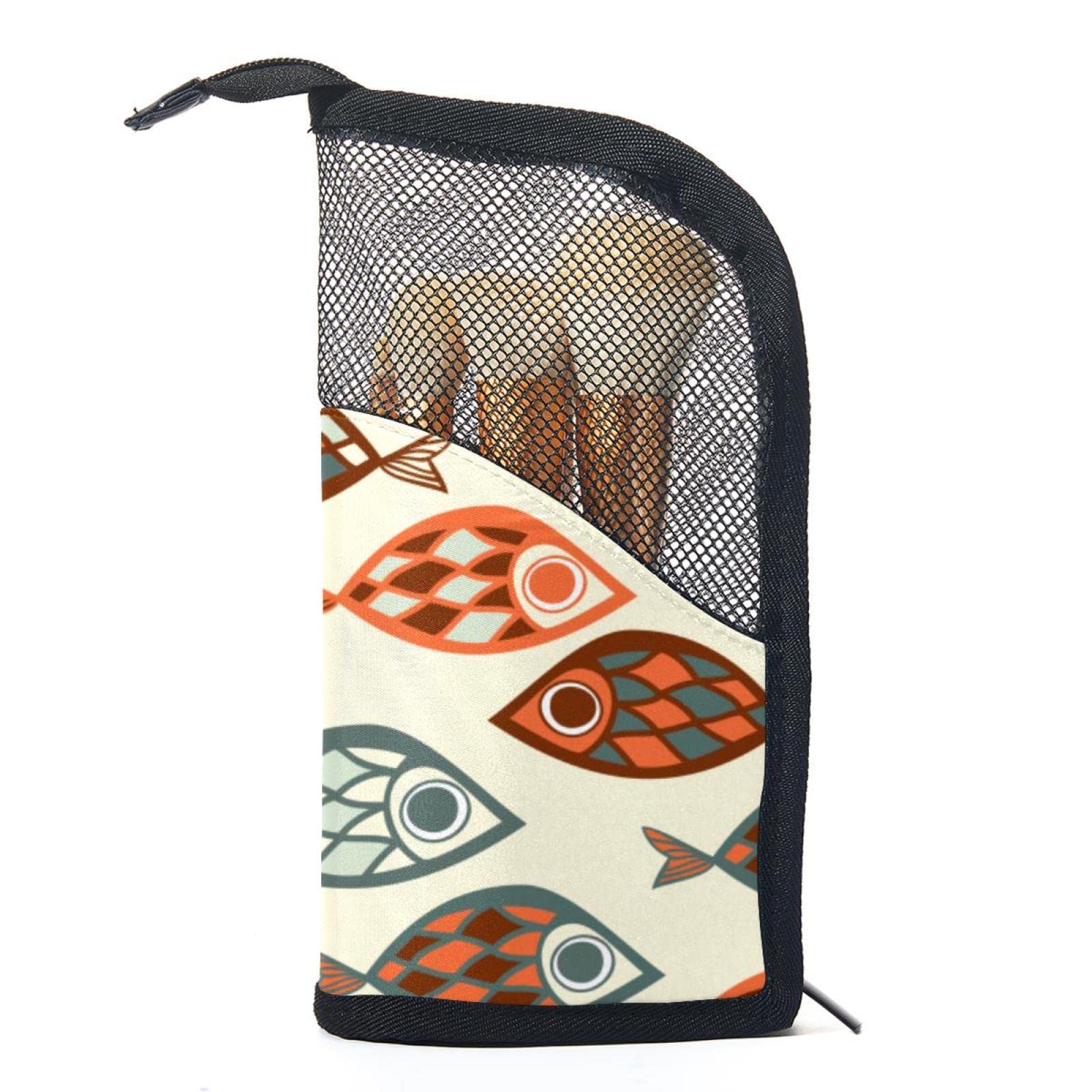 12-Piece Makeup Brush Organizer Bag with Abstract Seamless Colorful Fish Design - Portable Cosmetic Brush Holder Case for Travel, Home & Professional Makeup Artists