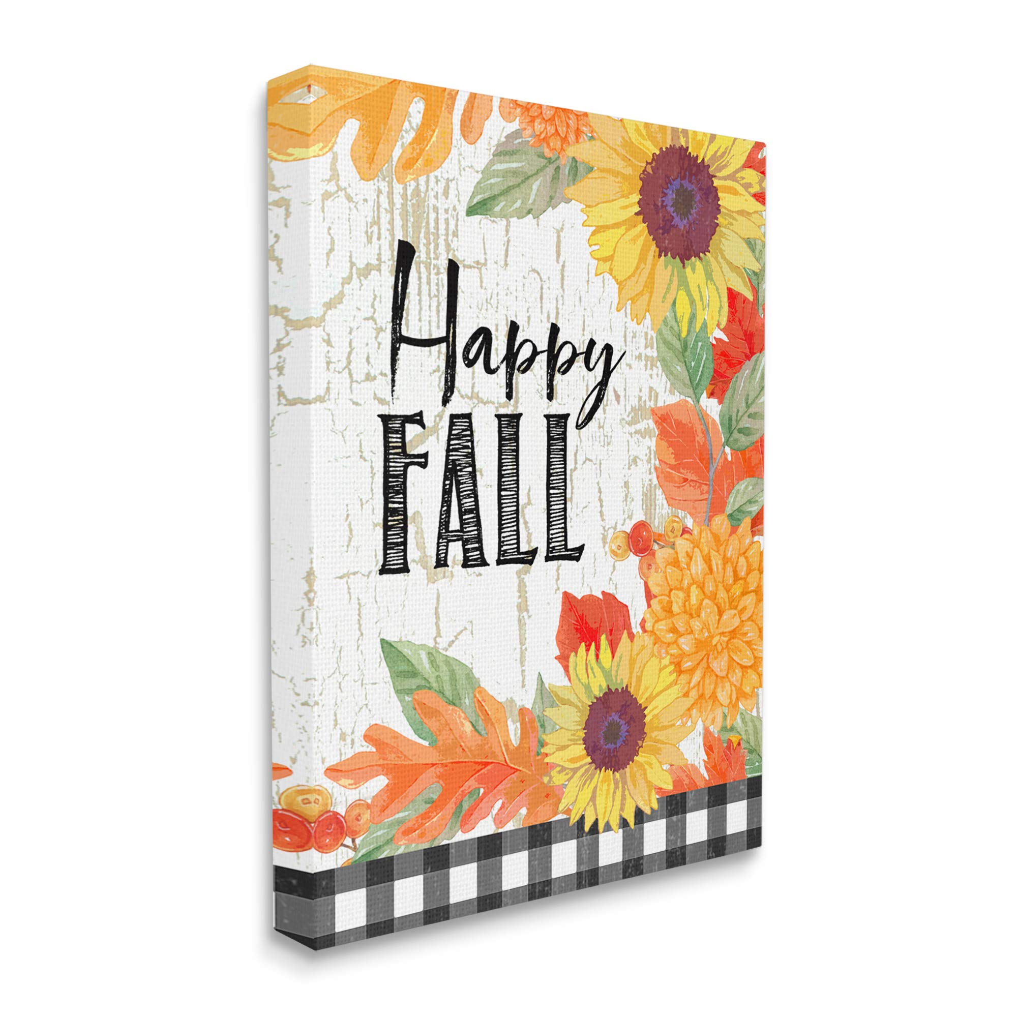 Stupell Industries Happy Fall Phrase Checkered Plaid Sunflower Floral Canvas Wall Art - 36