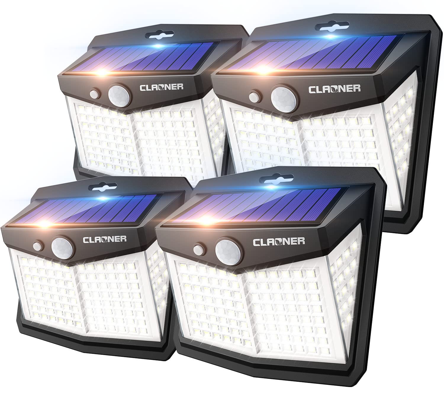 CLAONER Solar Lights Outdoor - 128 LED Motion Sensor Security Lights (4 Pack) with 270° Wide Angle, 3 Working Modes & IP65 Waterproof - Wireless Cold White Lighting for Fence, Patio, Garden, Pathway, and Yard Safety
