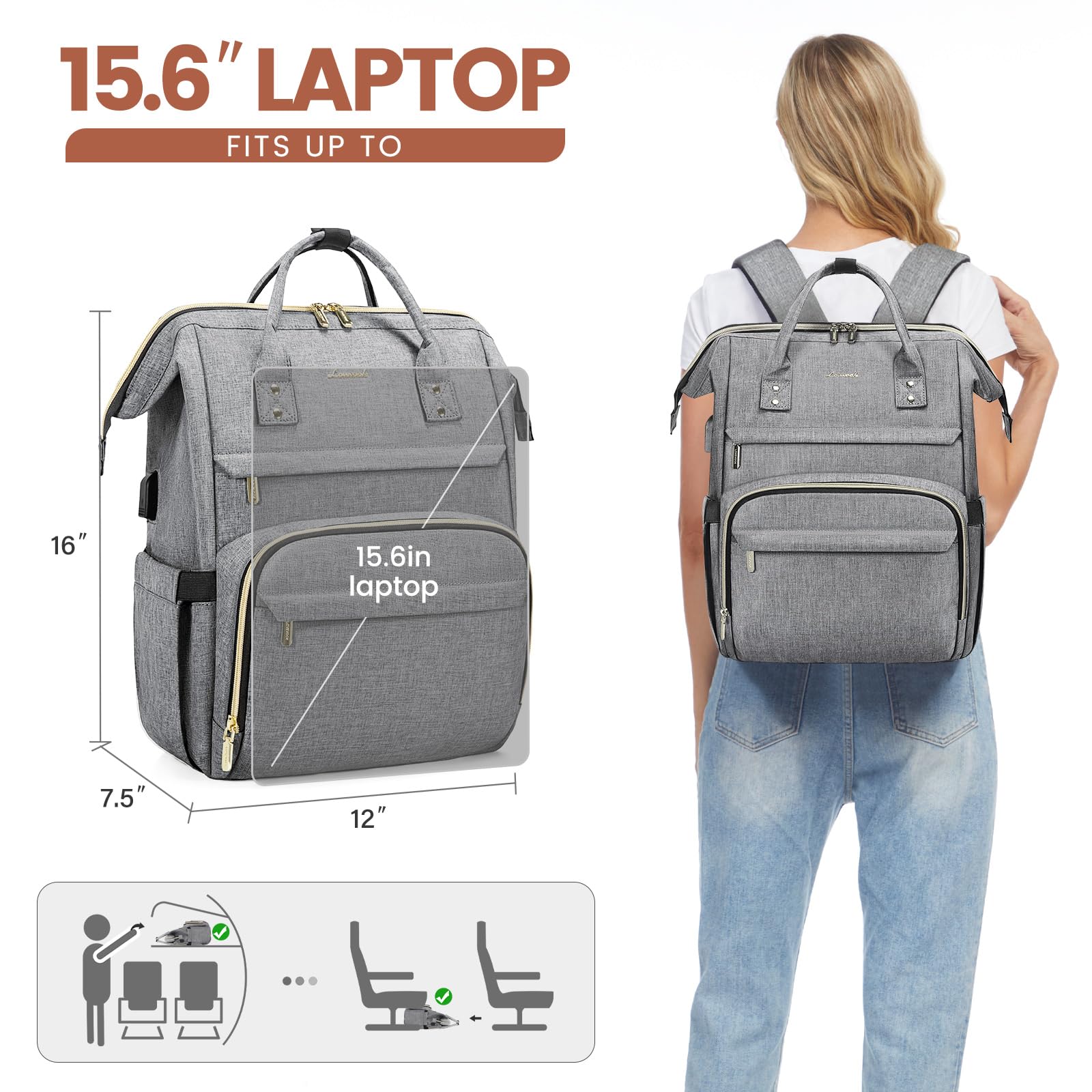 LOVEVOOK Women's 15.6 Inch Waterproof Laptop Backpack with USB Port - Professional Travel, Nurse, Teacher, College Work Bag - Grey | Perfect for Commuting, Business Trips, and Campus Life