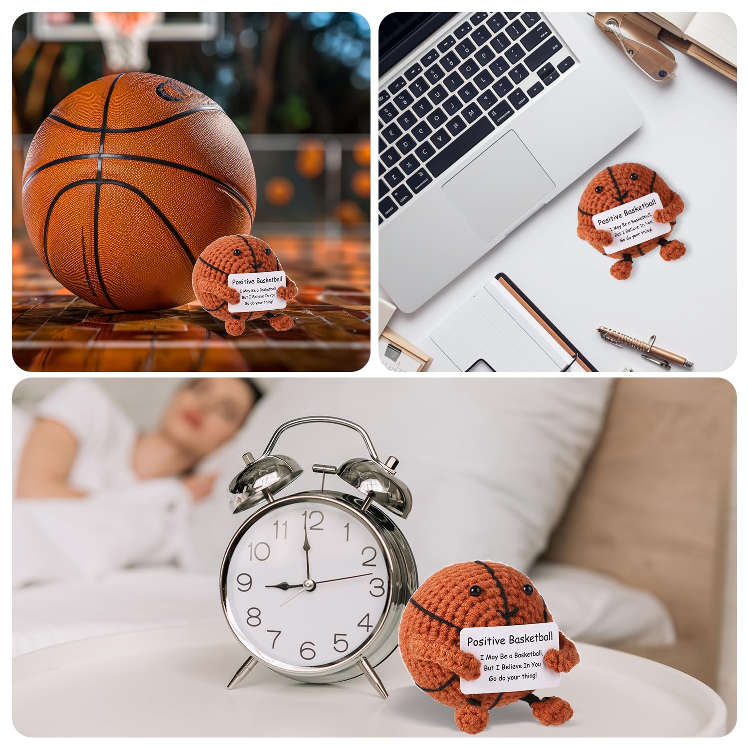 Positive Crochet Basketball Plush Toy - Handmade Knitted Basketball Doll for Kids & Adults - Emotional Support Gift for Stress Relief, Anxiety Comfort - Perfect for Home Decor, Office Desk, Nursery, and Therapy Sessions