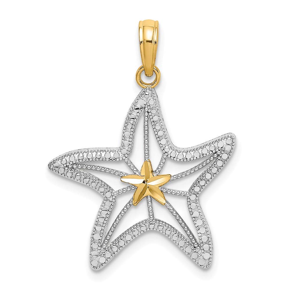 14K Two-Tone Gold Diamond-Cut Starfish Pendant Necklace - White & Yellow Gold Small Starfish Charm with White Star Center (0.81