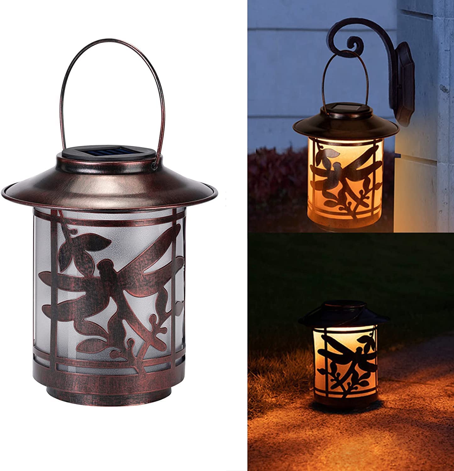Pearlstar Solar Lantern Lights Outdoor - Waterproof Metal Hanging Solar Garden Lights with Dragonfly Design for Patio, Courtyard, Yard & Tabletop Decor | Perfect for Outdoor Parties, Camping & Backyard Lighting