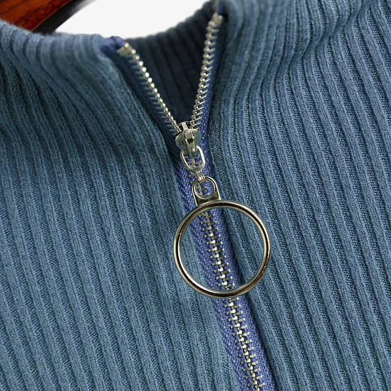 Vintage Solid Knitted Long Sleeve Zip-Up Half Turtleneck Sweater for Women - Cozy Winter Pullover for Casual Outfits & Office Wear