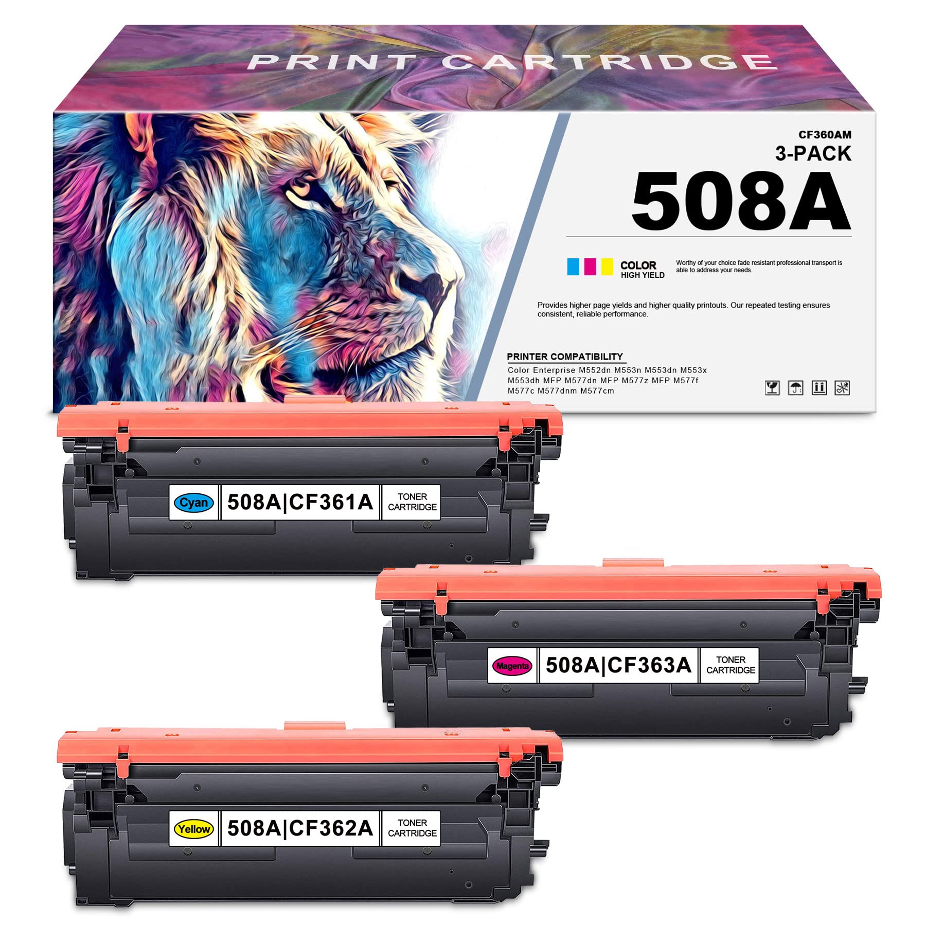 HP CF360AM Compatible 508A Toner Cartridges (3-Pack) - Cyan, Magenta, Yellow | Replacement for HP Color Enterprise M552/M553/MFP M577 Series Printers | High-Yield Printing for Office & Home Use