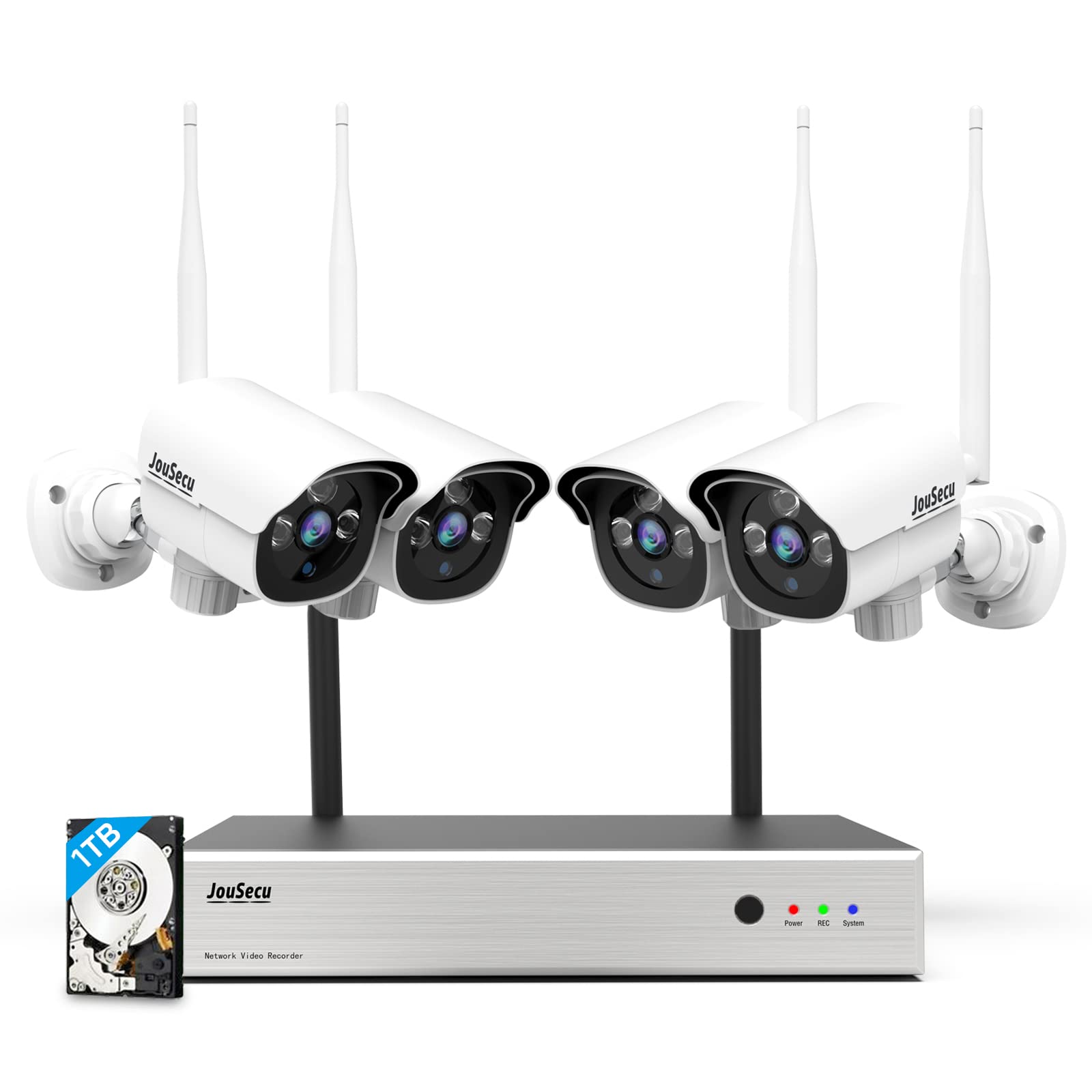 JouSecu 8CH 1080P Wireless Security Camera System with 1TB HDD, 4pcs HD Bullet IP Cameras, Night Vision & Waterproof - Plug & Play NVR Surveillance Kit for Home, Store, Office Security - Indoor/Outdoor Monitoring, Baby/Pet Watching, Business Protection