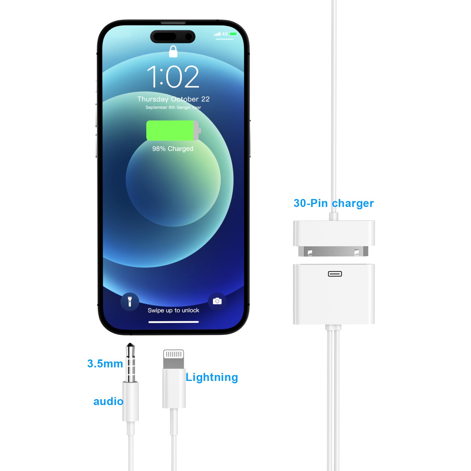 Belcompany Lightning to 30 Pin Adapter Cable with 3.5mm AUX Audio Port for iPhone - Perfect for Car Audio, Home Stereo & Charging