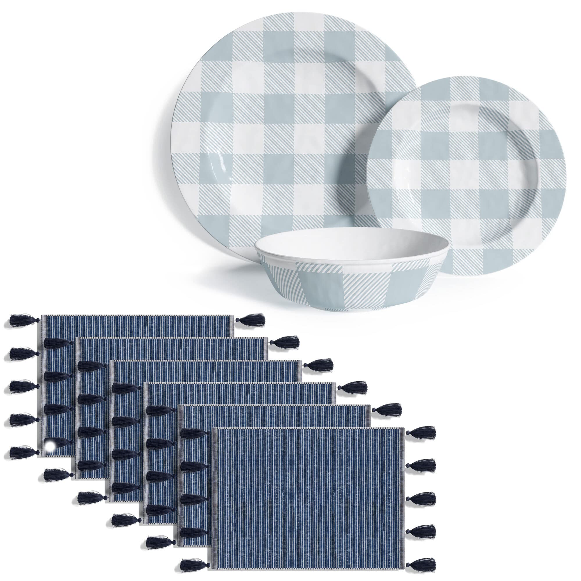 Barnyard Designs 12-Piece Buffalo Plaid Melamine Dinnerware Set & 6-Piece Fringe Tassel Placemats in Blue - Durable Dinner Plates, Bowls & Coordinating Table Mats for Farmhouse Dining, Outdoor Picnics & Holiday Entertaining