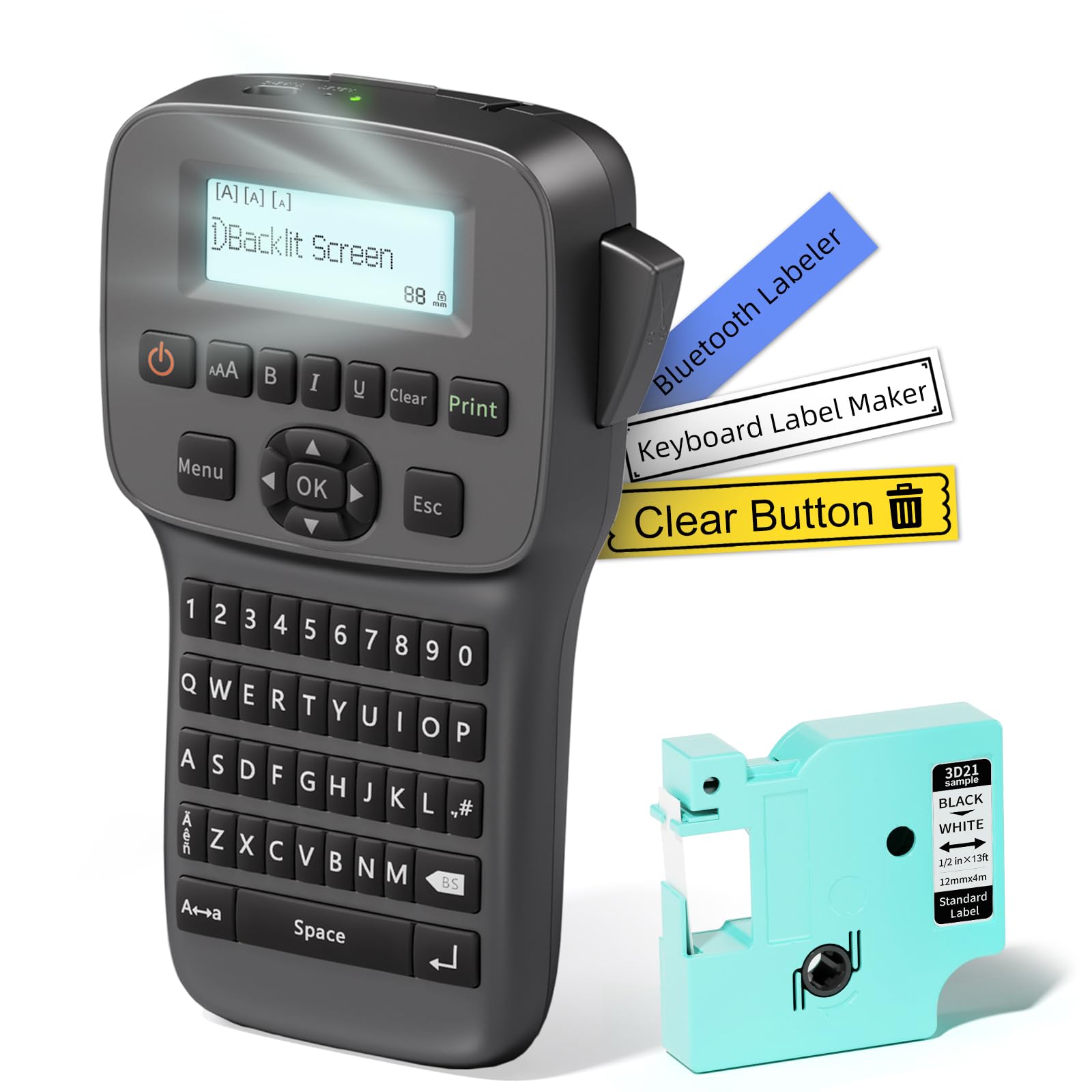 Waterproof Rechargeable Label Maker Machine with Backlit Screen & Bluetooth - Portable Keyboard Labeler with Tapes for School, Office, Industrial Use - LM1600 Black - Perfect for Organizing Files, Storage Boxes, and Equipment Labeling