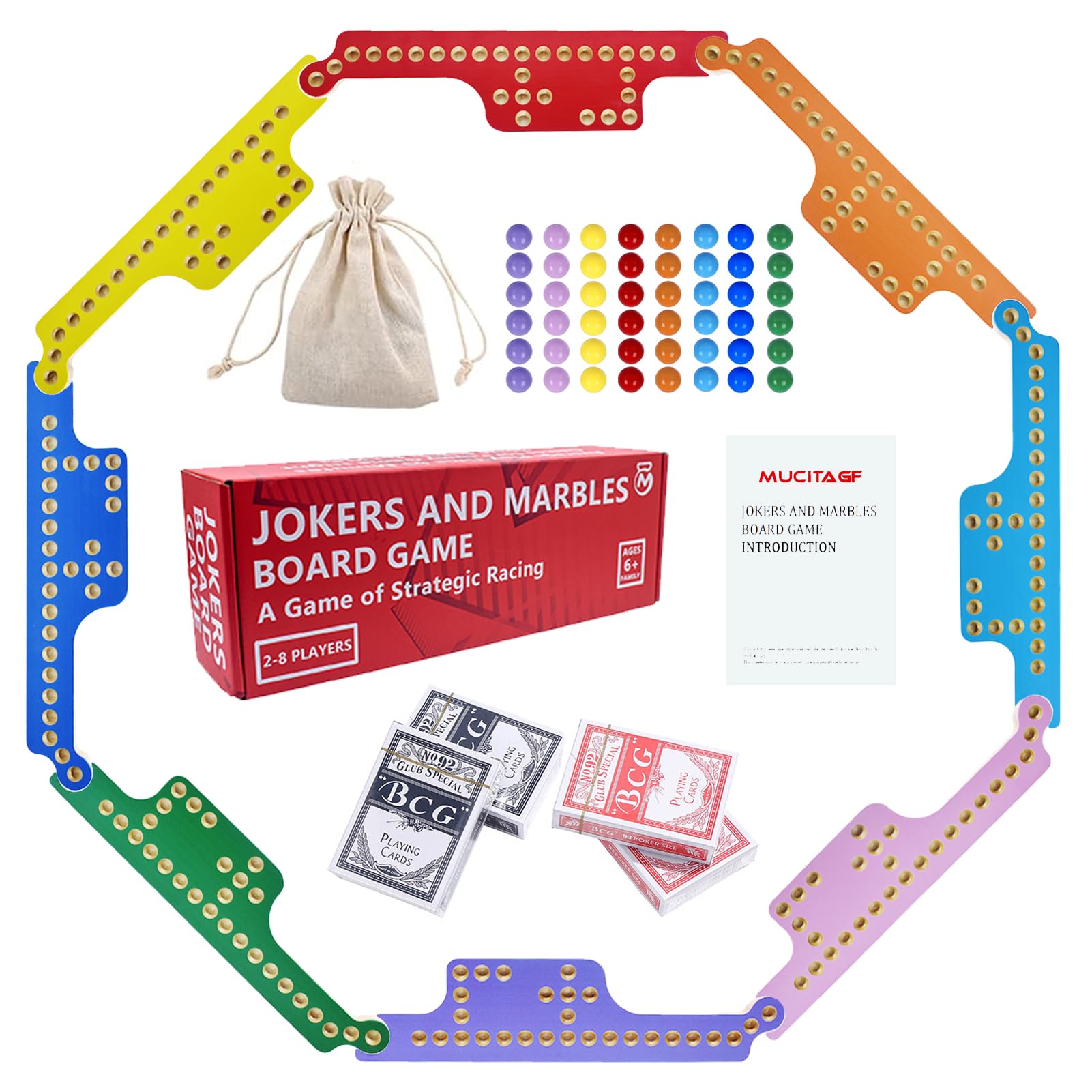 Pegs and Jokers Board Game Set for 2-8 Players - Colorful Double-Sided Solid Wood Game Board with 48 Marbles & 4 Decks of Cards - Fun Family Game Night & Party Entertainment