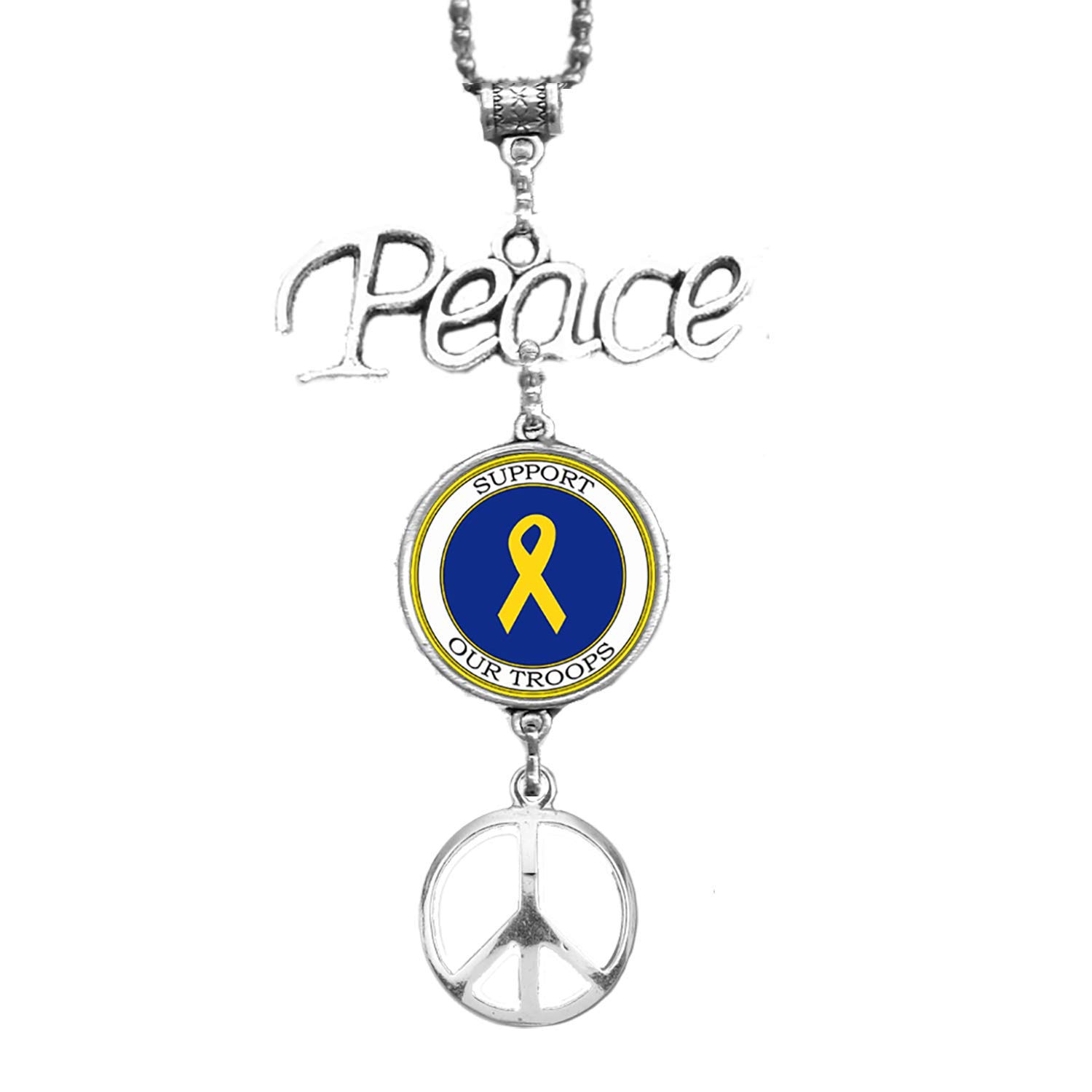 Silver Bling Military Insignia & Peace Sign Mirror Car Charm Hanger with Adjustable Chain - Support Our Troops - Perfect for Military Appreciation Gifts, Car Decor & Patriotic Accessories