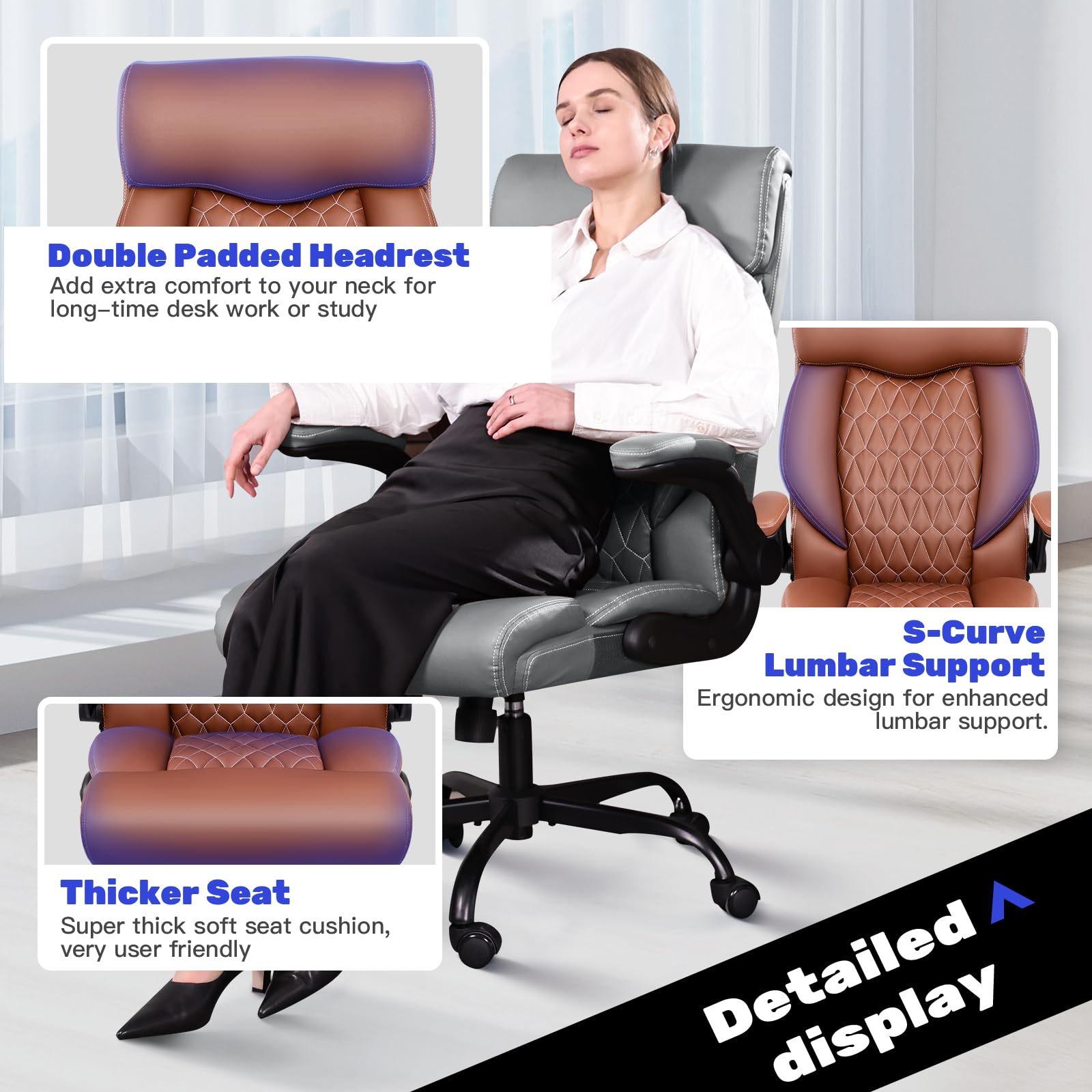 Premium Ergonomic High Back Executive Office Chair - Adjustable Lumbar Support & Flip-Up Armrests - Leather Managerial Desk Chair with Rocking Function for Home & Business Use