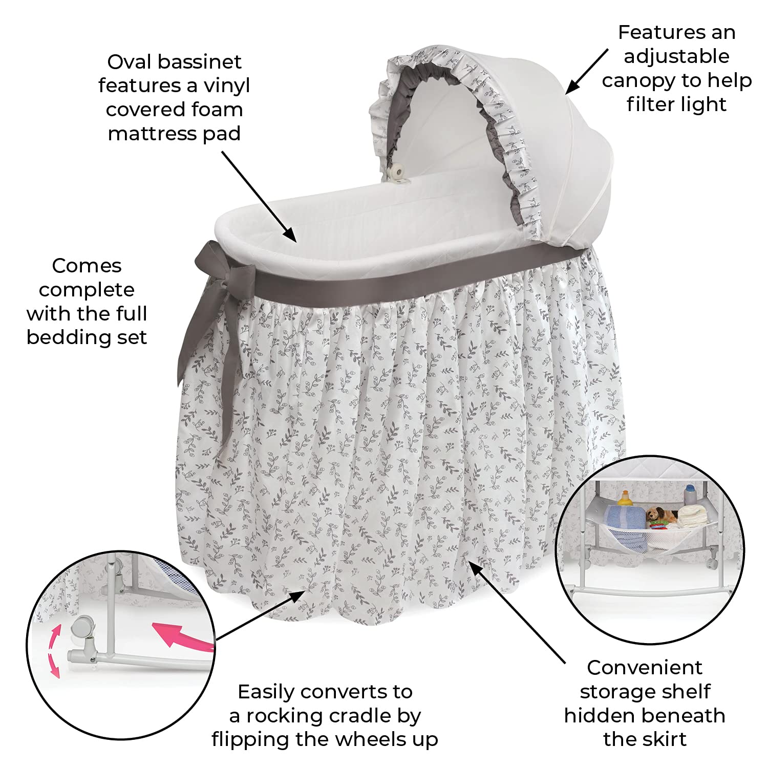 Badger Basket Wishes Rocking Baby Bassinet - Heirloom Quality Bedside Sleeper with Soft Bedding, Comfortable Pad & Storage Basket - Gray/Leaf Design - Perfect for Nursery, Bedroom & Travel Use