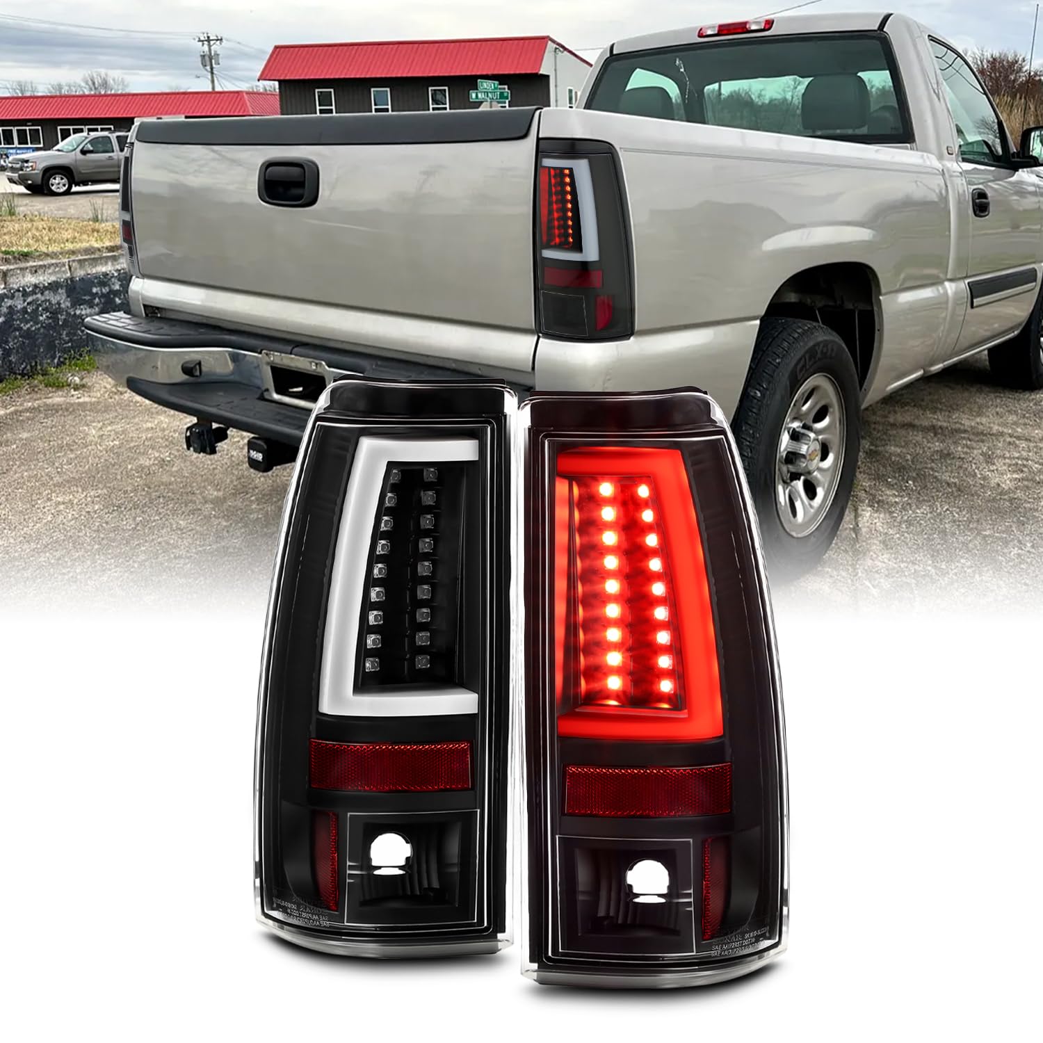 AKKON LED Tail Lights for 2003-2006 Chevy Silverado 1500/1500HD/2500/2500HD & 2004-2006 3500 & 2007 Classic - Black C-Tube Design Brake Light Pair - Upgrade Your Truck's Style & Safety at Night