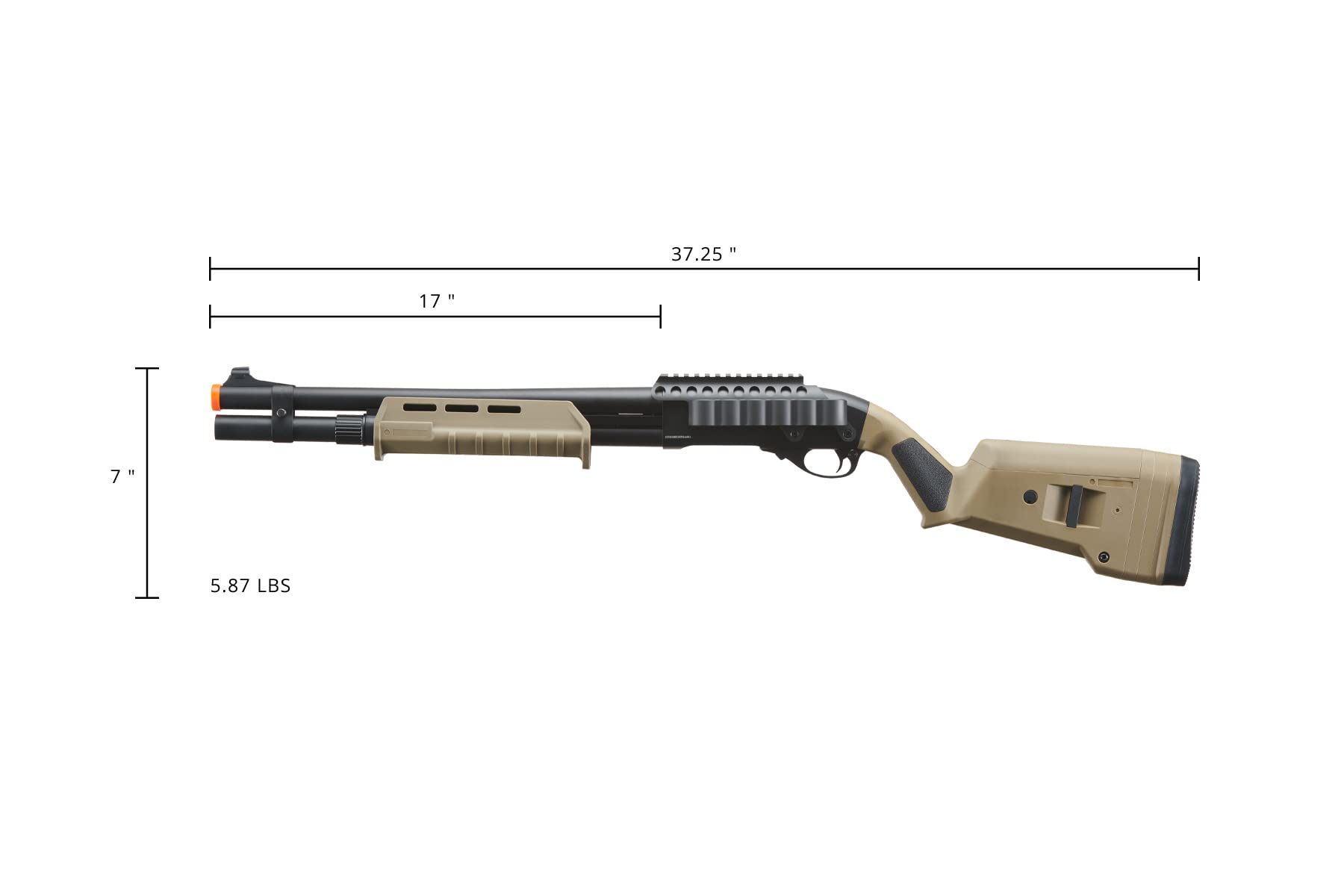 Golden Ball & Eagle M870 MP MLOCK Style 3/6-Shot Pump Action 350 FPS Gas Airsoft Shotgun - Tan with Holder | Tactical Training & Airsoft Battles | Outdoor Shooting & Survival Games