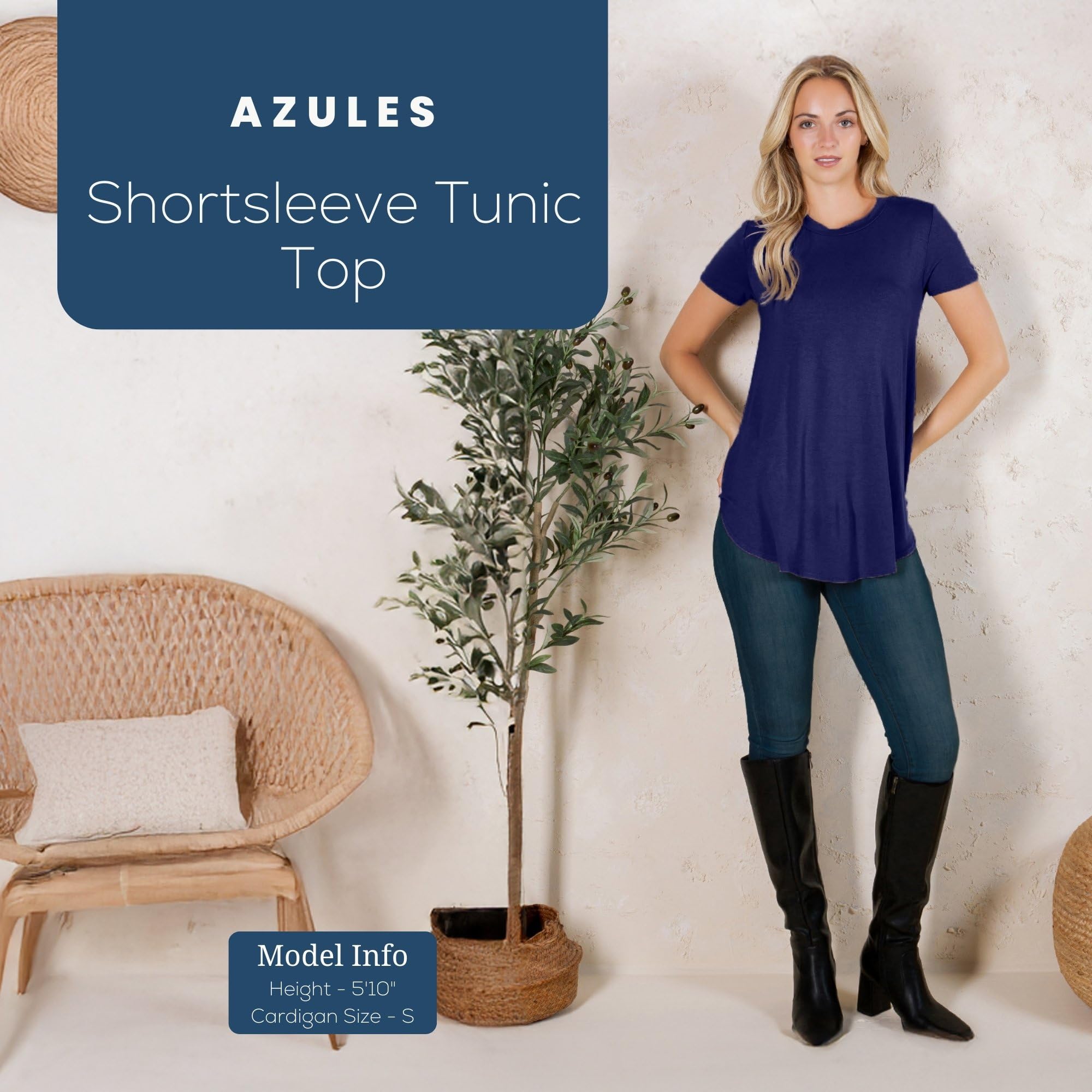 Azules Women's Short Sleeve Tunic Tops - Flowy Scoop Neck Blouse for Leggings | Casual Summer Outfit & Layering Shirt for Work, Travel & Daily Wear