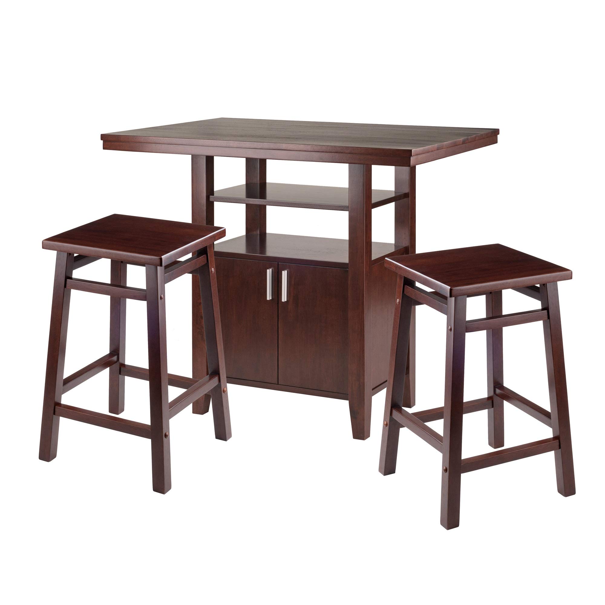 Ergode Albany 3-Piece High Table Set with Cabinet & 2 Square Seat Stools - Modern Bar Height Dining Set for Kitchen, Breakfast Nook or Small Space Entertaining