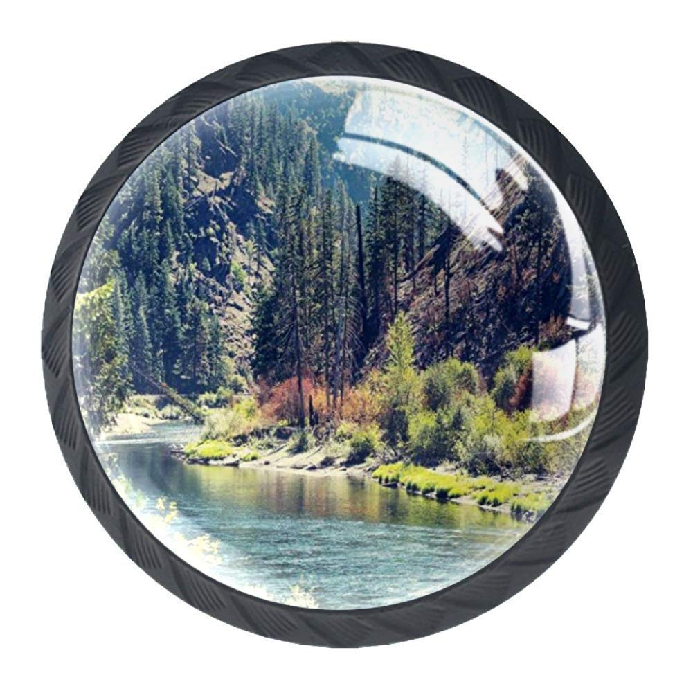 4-Pack Scenic Mountain Pine Trees Flowing River Nature-Themed Kitchen Cabinet Knobs & Drawer Pulls - Rustic Dresser & Cupboard Handles with Screws - Perfect for Cabinets, Dressers, and Home Decor