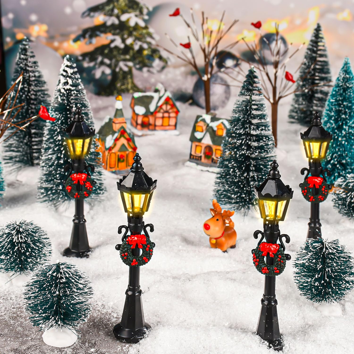 16-Piece Christmas Figurine Village Set with Mini Street Lights, Brush Trees & Lantern Posts - DIY Micro Landscape, Fairy Garden, Holiday Tabletop Decor for Christmas Villages & Winter Displays