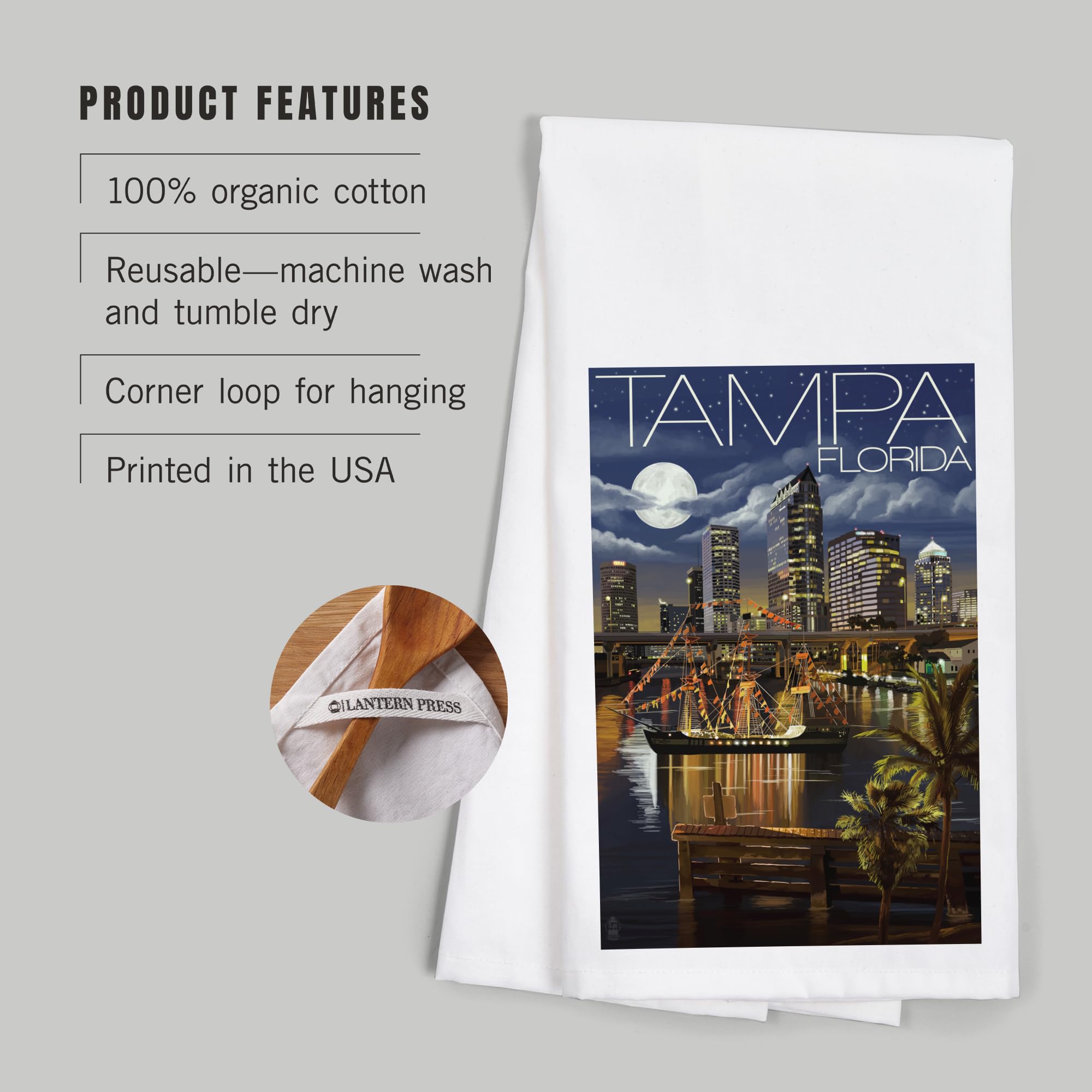 Lantern Press Tampa Florida Skyline at Night - 100% Cotton Tea Towel, Decorative Hand Towel for Kitchen & Home Decor | Perfect for Gifts, Housewarming & Coastal Themed Spaces