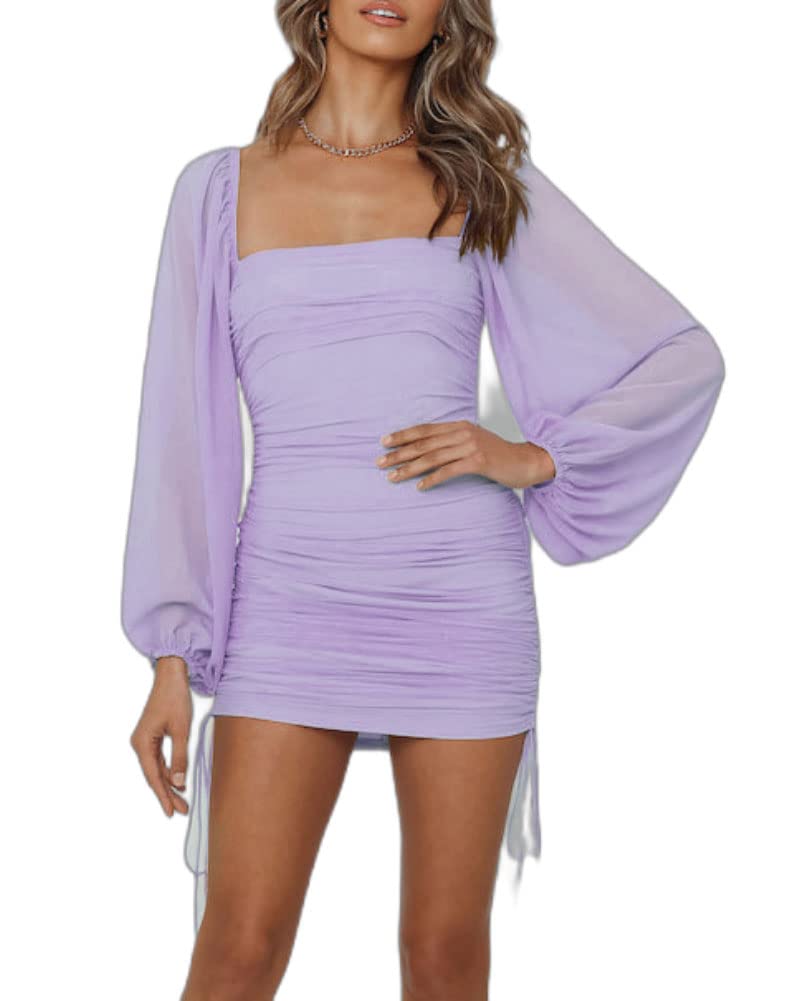 Women's Mesh Bodycon Mini Dress - Square Neck Long Sleeve Ruched Party Dress for Homecoming, HOCO, Club, Wedding Guest & Night Out | Sexy Tight Fitted Cocktail Dress for Date Night & Special Occasions