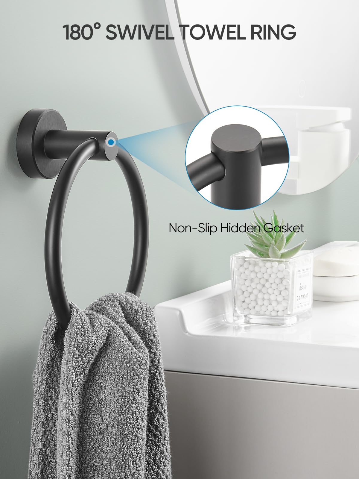 Matte Black Towel Ring - Wall Mounted Hand Towel Holder for Bathroom, Kitchen & RV - Durable Space Aluminum Round Towel Rack - Perfect for Small Spaces & Modern Home Decor