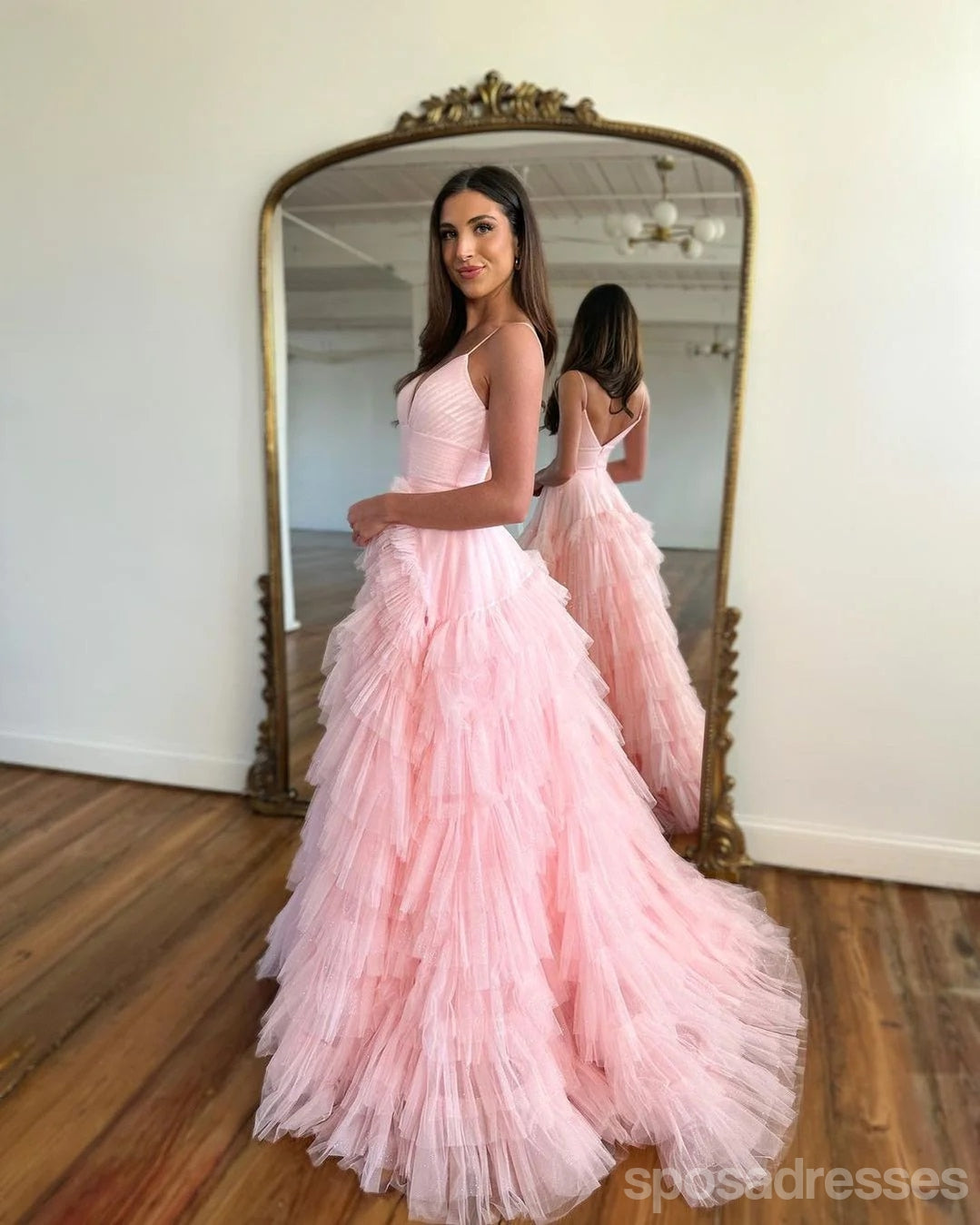 Elegant Pink A-Line V-Neck Spaghetti Strap Maxi Prom Dress for Women - Perfect for Parties, Weddings & Formal Events