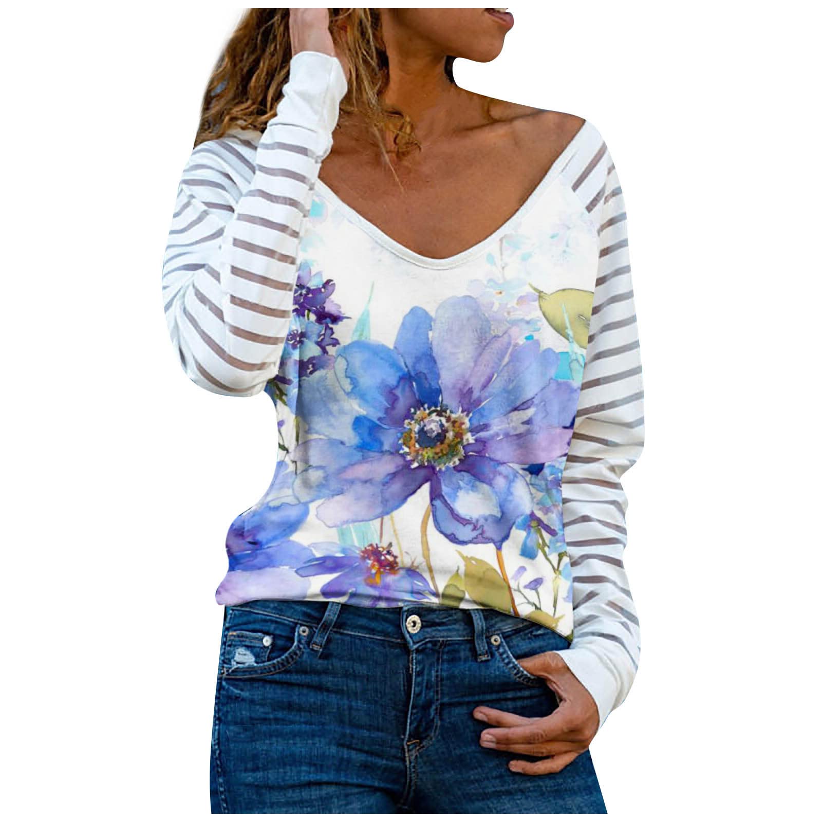 Women's Casual V-Neck Long Sleeve Blouse - Floral Printed Loose Tunic Top for Everyday Wear | Perfect for Work, Dating & Weekend Outfits
