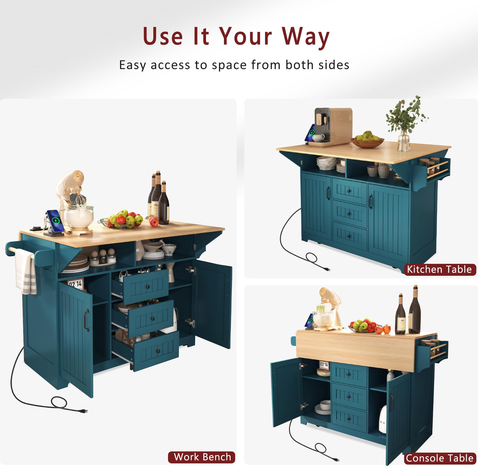 Rolling Kitchen Island Cart with Power Outlets, Drop Leaf Countertop & Storage - Mobile Kitchen Workstation with Barn Door Cabinet and Tower Rack for Cooking, Baking & Entertaining