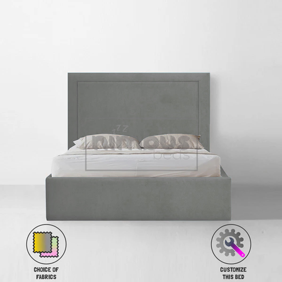 Charlie Studded Bed Frame - Queen Size Metal Platform Bed with Upholstered Headboard, Sturdy Steel Frame for Bedroom, Living Room, Guest Room - Modern & Industrial Style Furniture