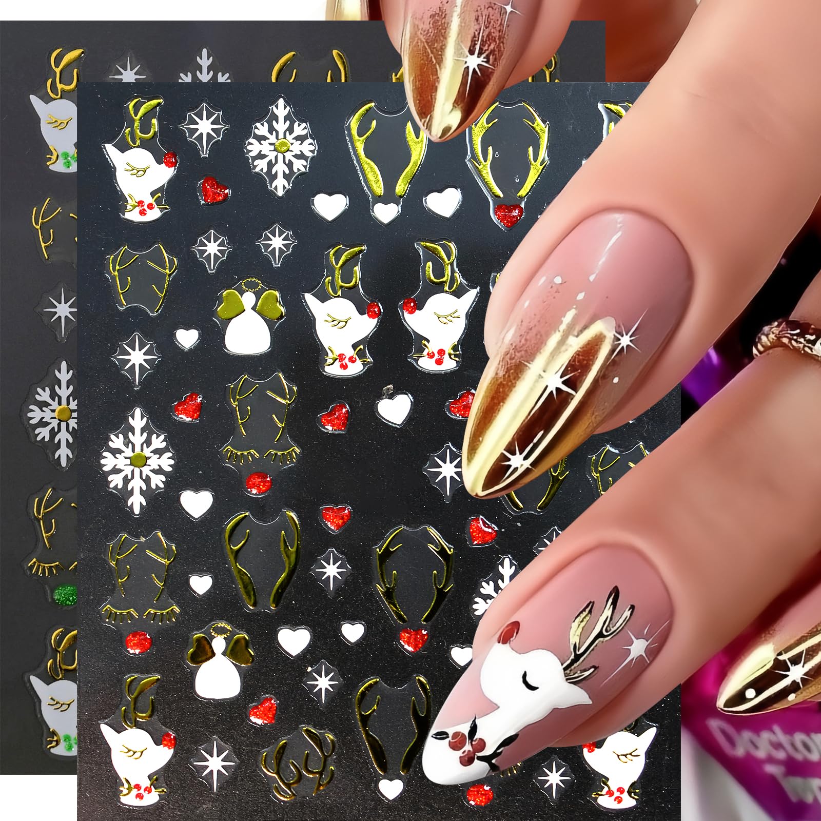 8 Sheets Christmas Nail Stickers - 3D Self-Adhesive Gingerbread Man, Snowmen, Elk & Santa Hat Nail Art Decals with Red Green Glitter for Holiday Manicure | Perfect for Xmas Parties, Gift Giving & Winter Nail Art Designs