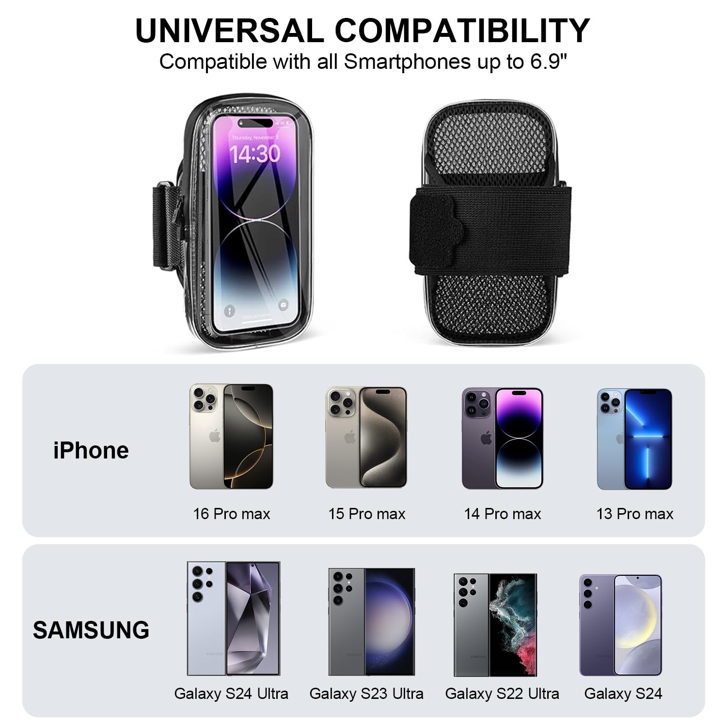 Clear Running Armband Phone Holder for iPhone 16/15/14/13 Pro Max/12/11/X & Samsung Android - Universal Sports Armband with Key Card Pocket for Workout, Jogging, Gym & Outdoor Activities