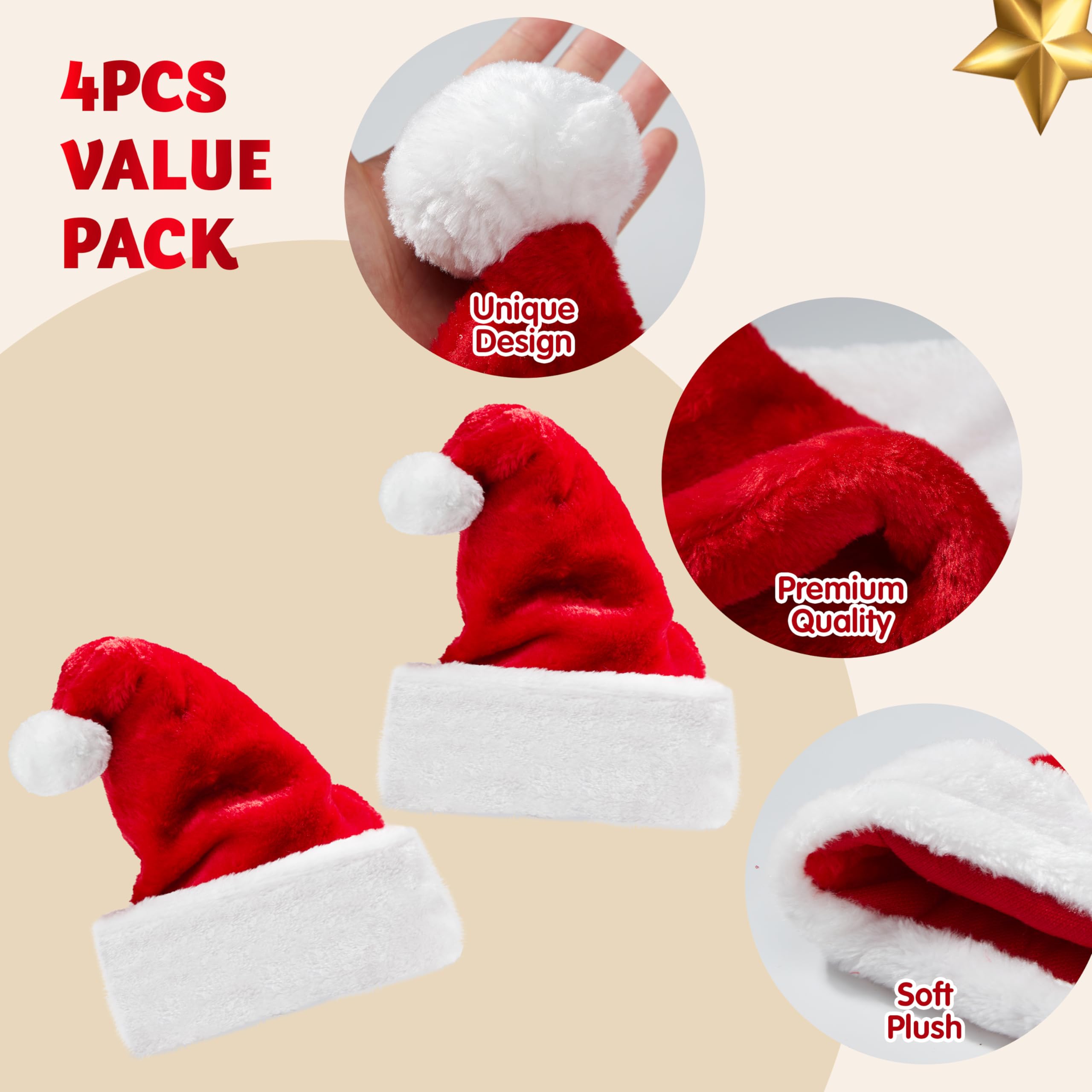 JOYIN 4 Pack Christmas Santa Hats - Soft Red Velvet Santa Claus Hats for Holiday Parties, Xmas Gifts & Festive Decorations - Perfect for Family Gatherings, Christmas Photos & Office Celebrations (Adults & Kids)