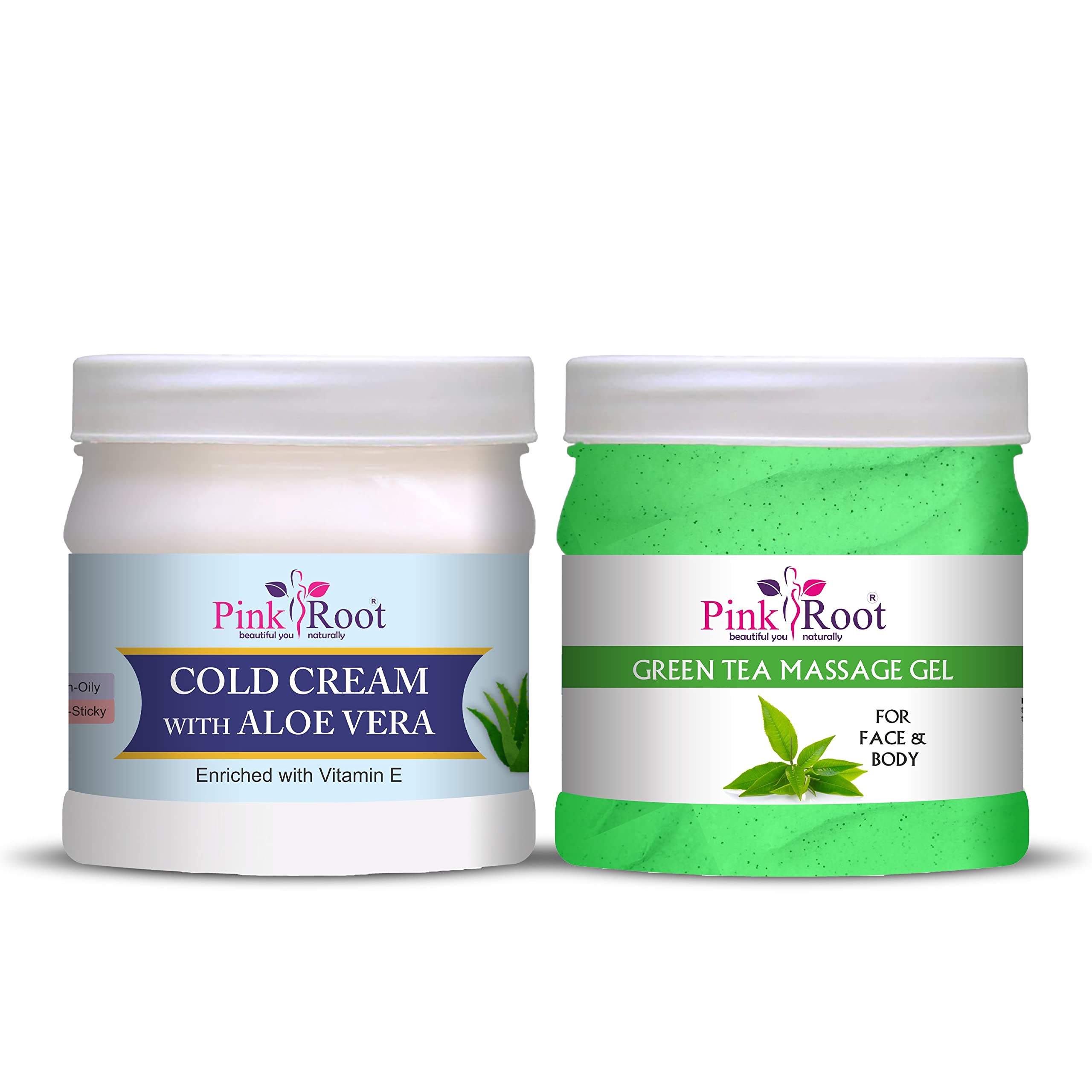 Organic Pink Root Green Tea Massage Gel with Aloe Vera Cold Cream - 500ml Set for Relaxation & Skin Care - Perfect for Spa, Massage Therapy & Home Wellness Routines
