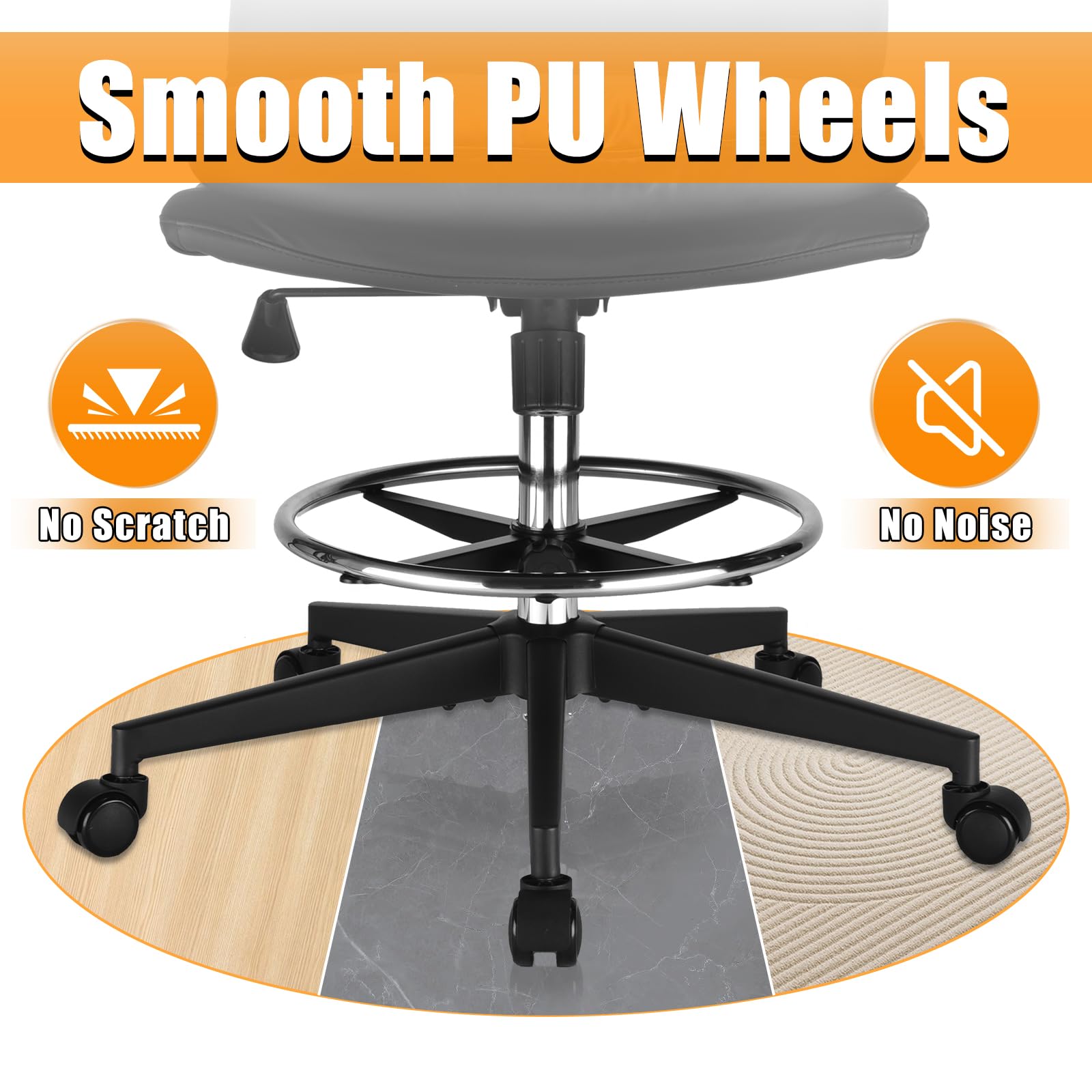 Ergonomic Drafting Chair - Adjustable Height Office Chair with Super Soft Seat Cushion, Footrest Ring & 400LBS Weight Capacity (Black) - Perfect for Standing Desks, Architects, Artists & Home Offices