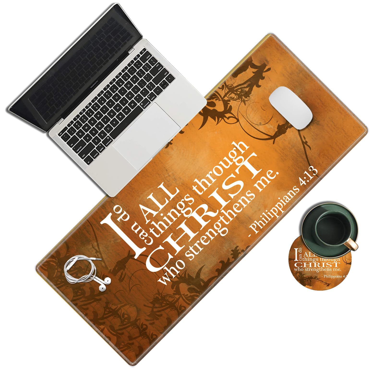 Large Gaming Mouse Pad with Stitched Edge - Extended Desk Mat for Keyboard & Mouse | Inspirational 'I Can Do All Things Through Christ' Quote | Perfect for PC, Laptop, Office & Home Decor | Non-Slip Base & Spill-Proof Coaster Included | Ideal for Gaming, Work & Study Sessions