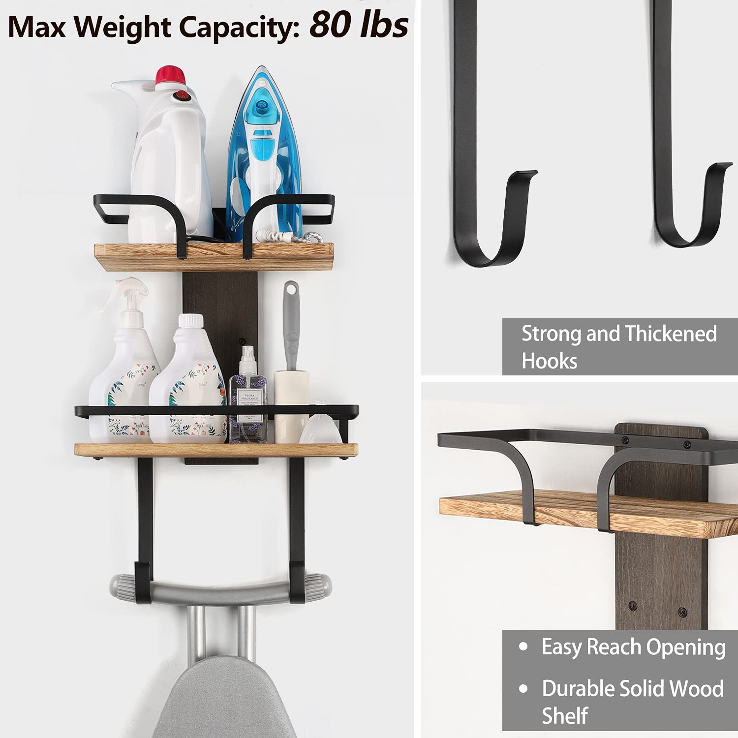 VINAEMO Wall Mount Ironing Board Hanger - 2-Layer Iron & Ironing Board Holder with Removable Hooks, Solid Wood Laundry Room Storage Shelf for Home Organization - Perfect for Small Spaces & Closet Storage