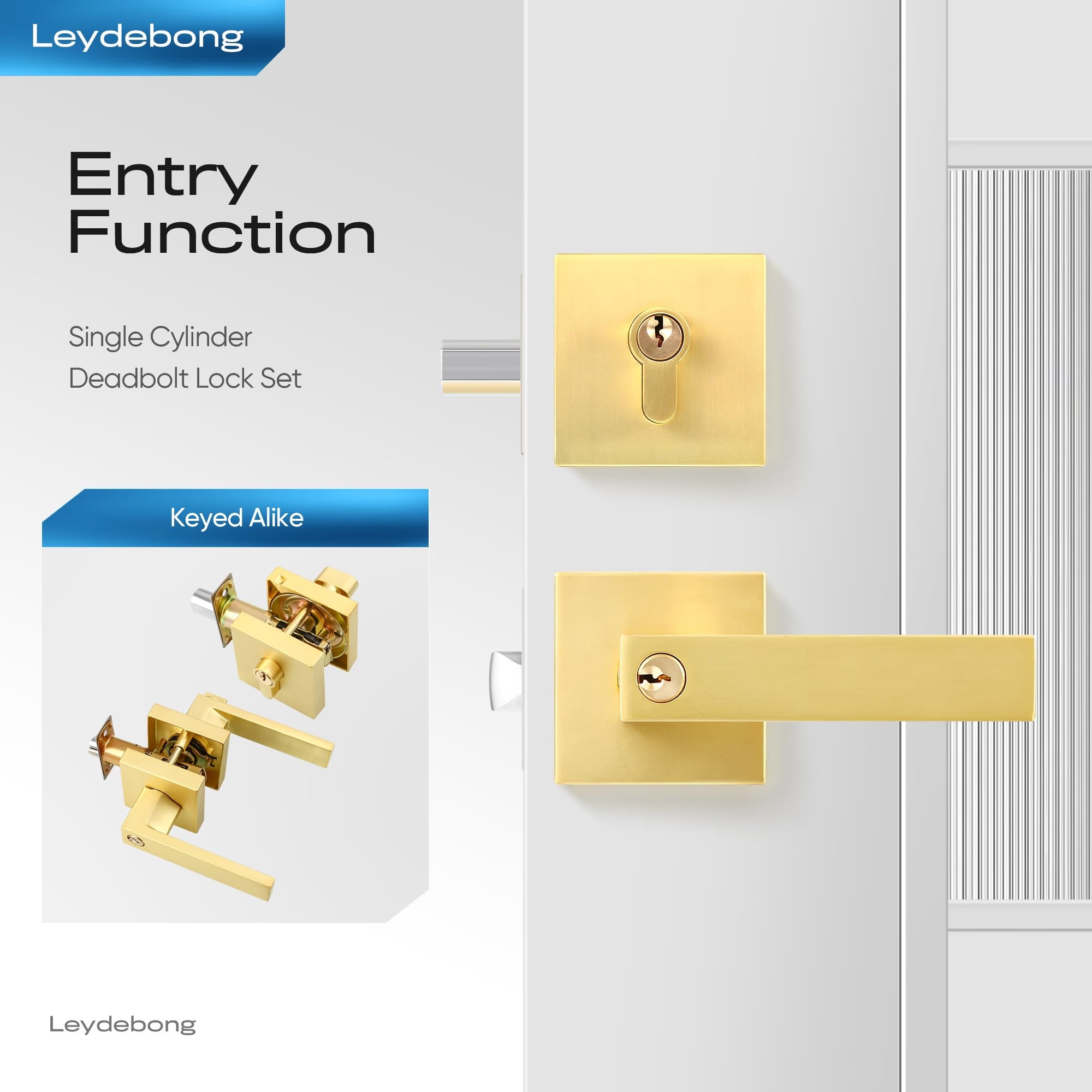 Leydebong 4-Pack Heavy Duty Front Door Handle & Deadbolt Set - Single Cylinder Keyed Alike Lever Door Handle for Office & Entrance Doors (Gold Finish) - Perfect for Home Security & Commercial Buildings