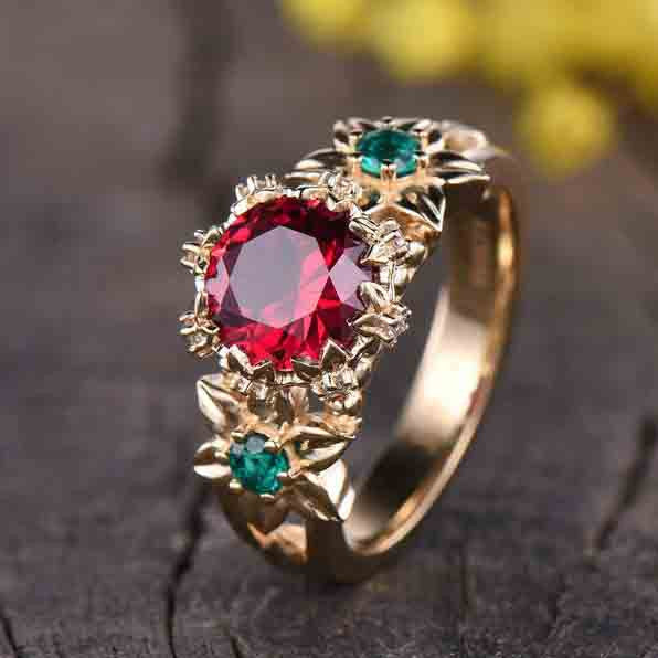 Vintage Ruby and Emerald Engagement Ring - Unique Floral Design for Wedding, Proposal, Anniversary, and Special Occasions