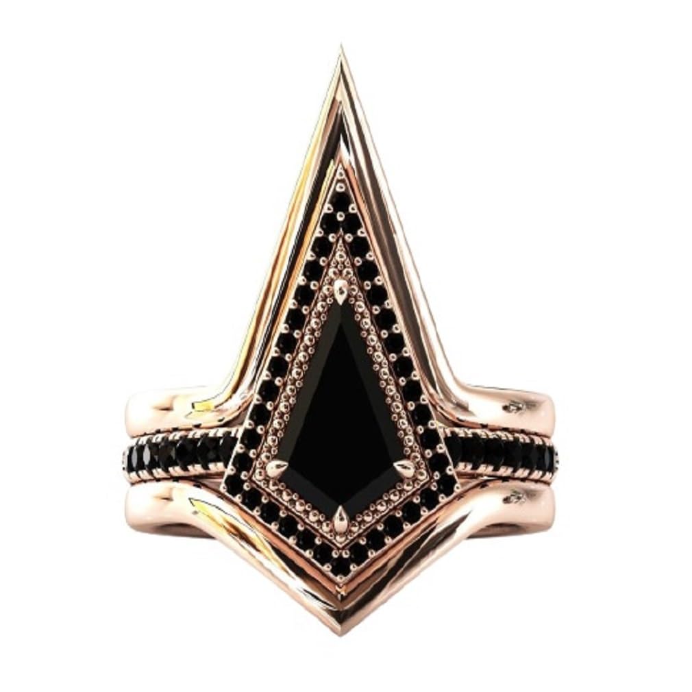 Vintage 1.5 CT Kite Shaped Black Onyx Engagement Ring Set - Art Deco Wedding Band & Anniversary Promise Ring - Antique Style Bridal Jewelry for Women - Perfect for Vintage Weddings, Proposals & Special Occasions