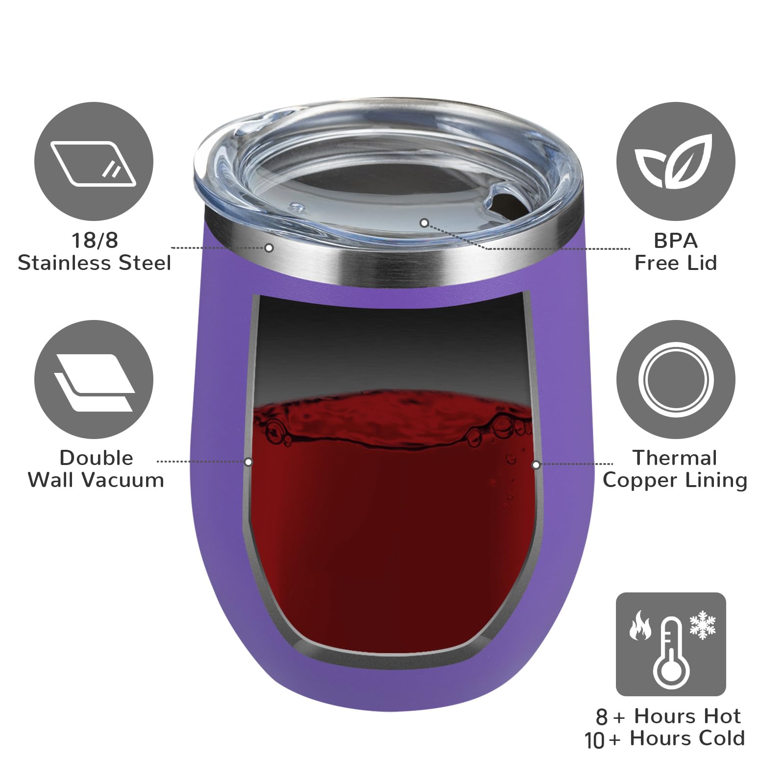 MEWAY 12oz/8 Pack Insulated Stainless Steel Wine Tumbler with Lid - Double Wall Vacuum Travel Mug for Hot & Cold Drinks - Perfect for Wine, Coffee, Cocktails, Gifts (Purple, Set of 8) - Ideal for Home, Office, Camping, Picnics & Outdoor Adventures