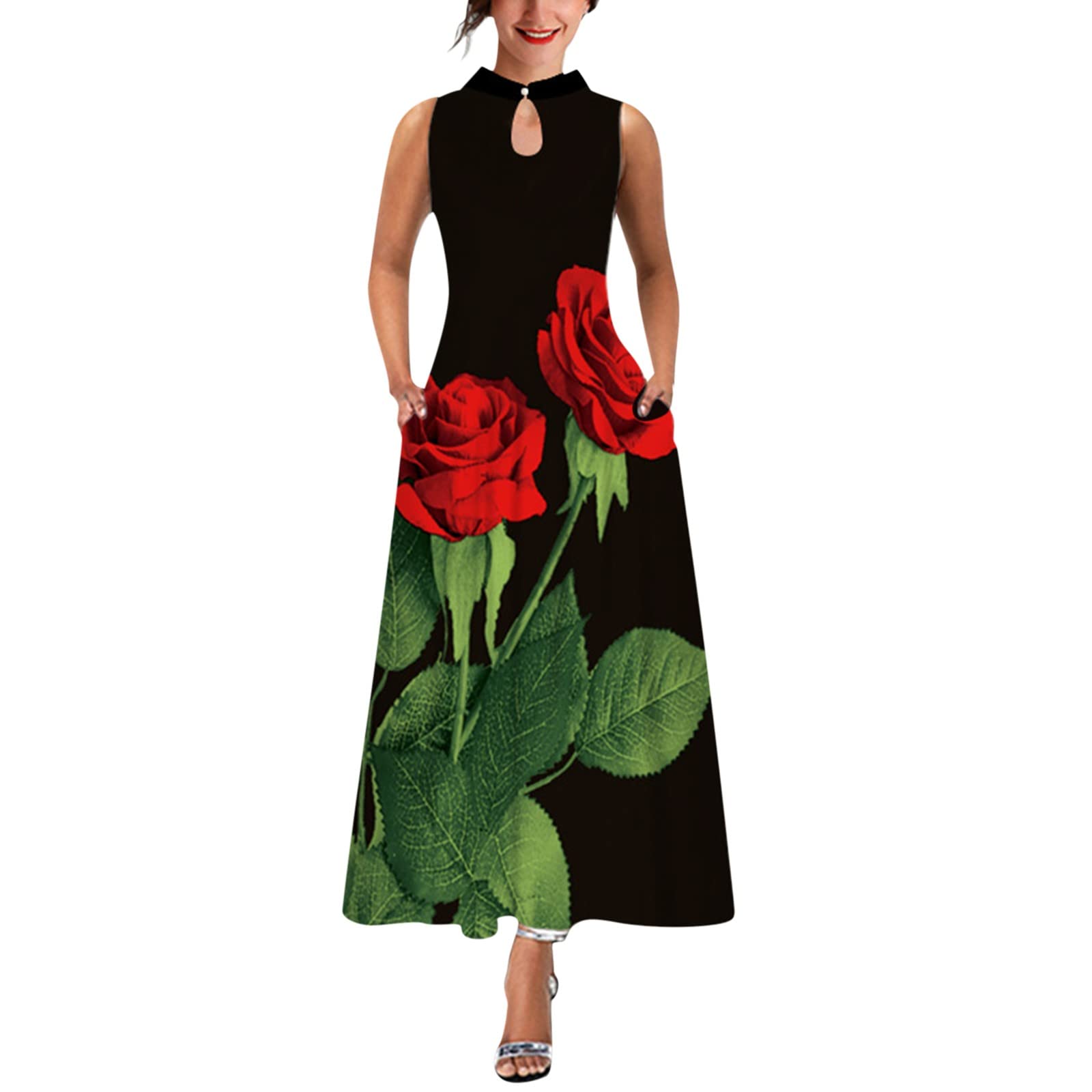 Women's Floral Print Sleeveless Maxi Dress - Boho Beach Sundress with Pockets | Sexy Midi Dress for Summer, Vacations & Outdoor Parties