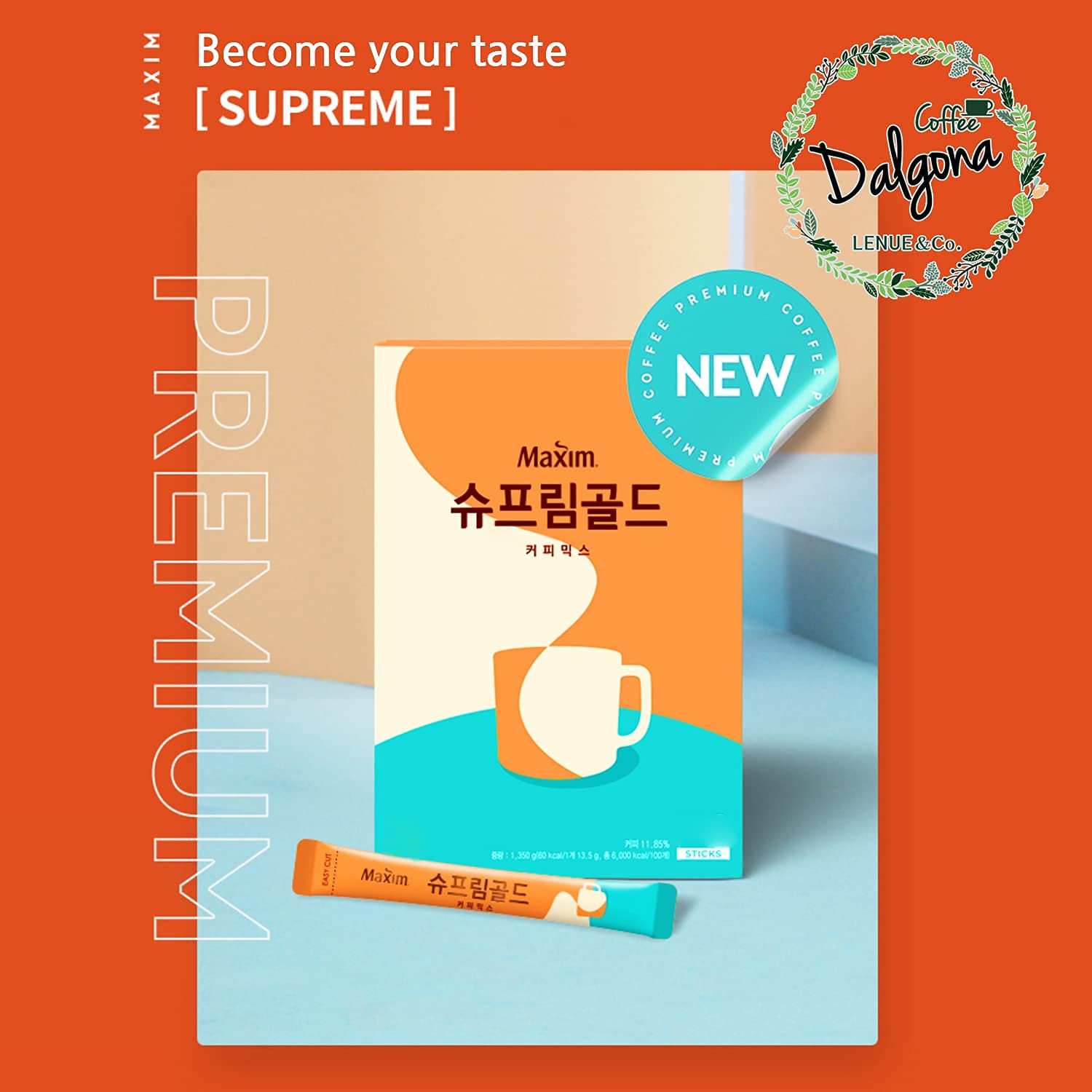 Maxim Supreme Gold Coffee - Premium Korean 3-in-1 Instant Coffee Latte Mix (20 Sticks) - Perfect for Office, Travel & Home Brewing