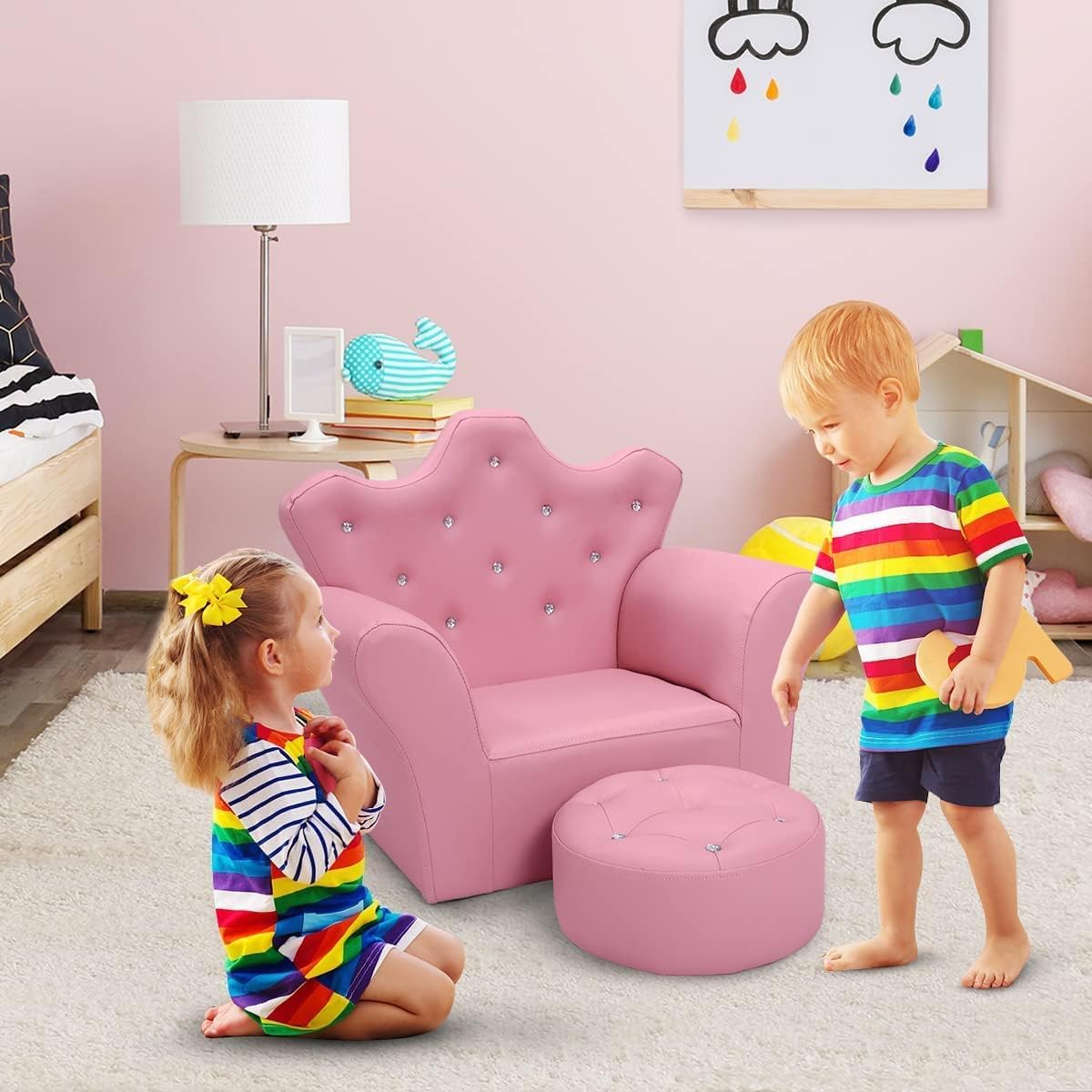 **BETTARY Kids Sofa with Ottoman - High-Back PVC Leather Upholstered Toddler Couch for Girls & Boys, Princess Style Children's Chair for Living Room, Bedroom & Playroom (Pink) - Perfect for Playtime, Reading & Relaxation**