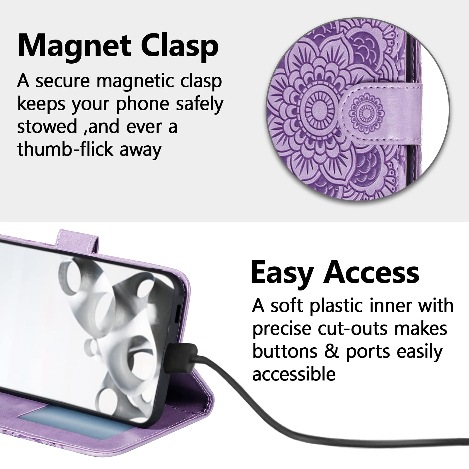 EYZUTAK Premium Leather Mandala Flip Wallet Case for iPhone SE (2022/5G), iPhone 7, iPhone 8, iPhone SE (2020) - Slim Magnetic Stand Cover with Card Slots & Lanyard, Embossed Purple Design - Perfect for Daily Use, Travel, and Business Meetings