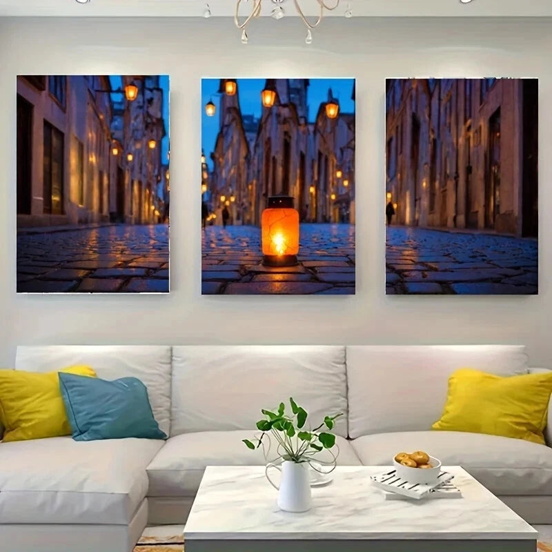 3-Piece Vintage Cobblestone Lantern Metal Wall Art - Ready to Hang Home Decor for Living Room, Bedroom & Office