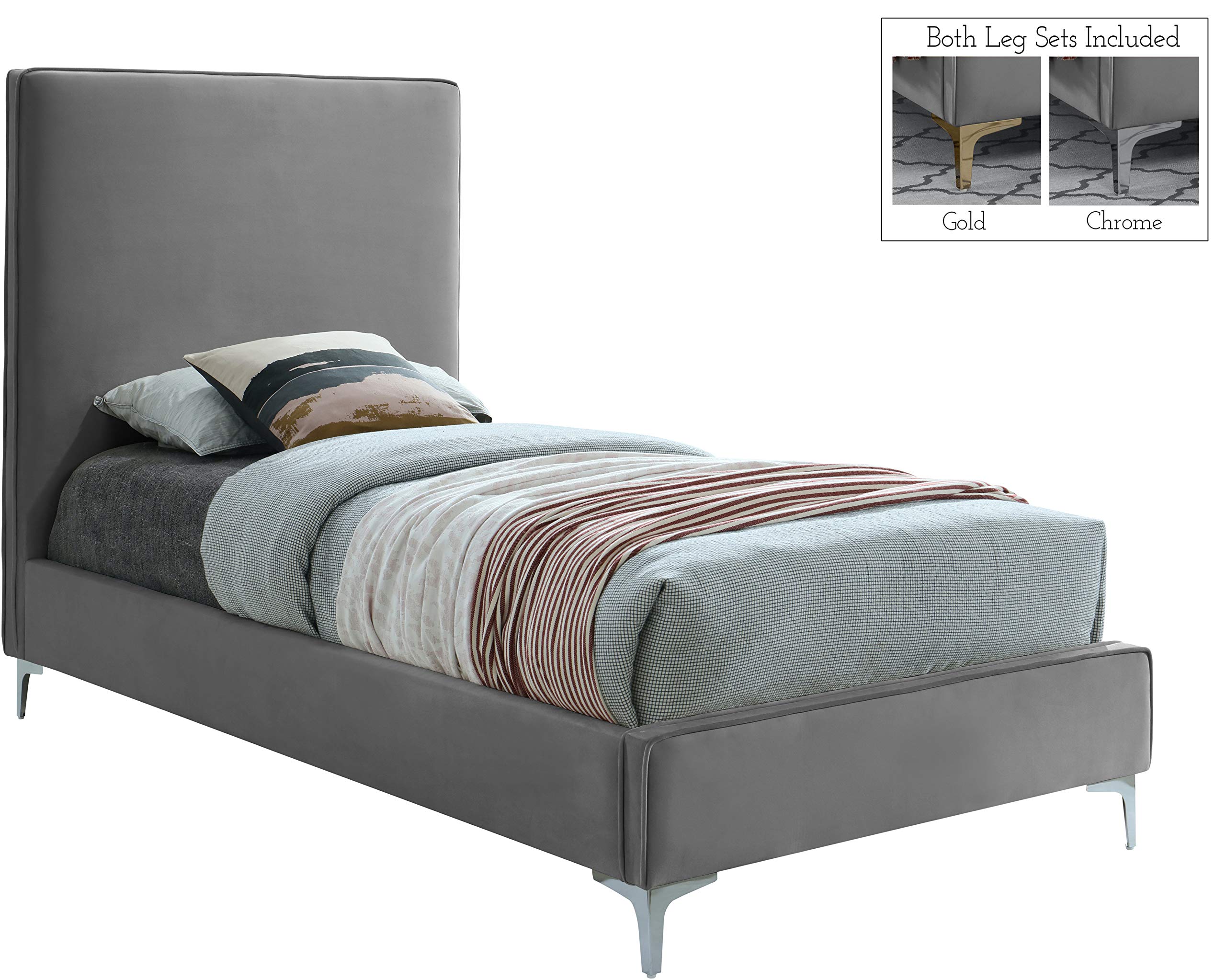 Modern Velvet Upholstered Twin Bed with Gold/Chrome Finish - Geri Collection by Meridian Furniture | Luxury Bedroom Decor for Contemporary Homes & Guest Rooms