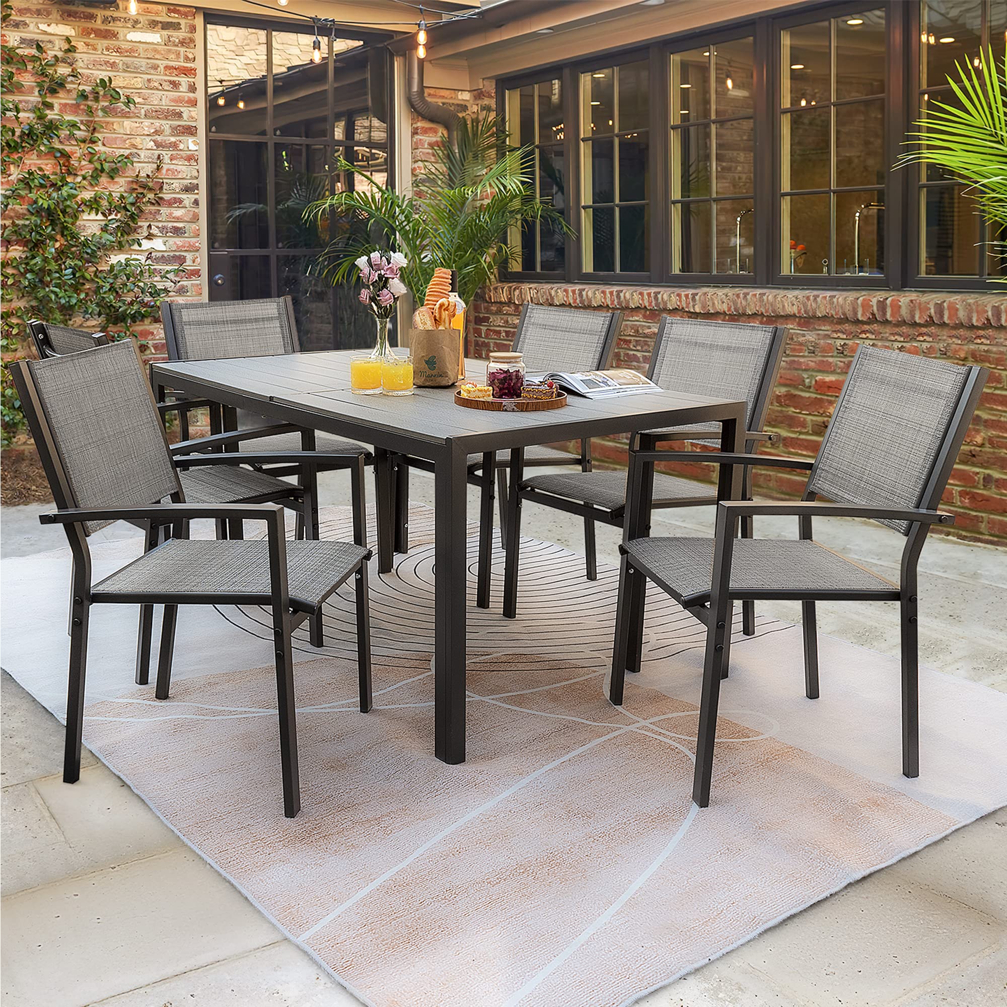 Rankok 7-Piece Patio Dining Set - Outdoor Furniture with Weather-Resistant Table & 6 Stackable Textilene Chairs for Garden, Yard, Poolside - Perfect for Backyard BBQs, Outdoor Entertaining & Relaxation (Gray)