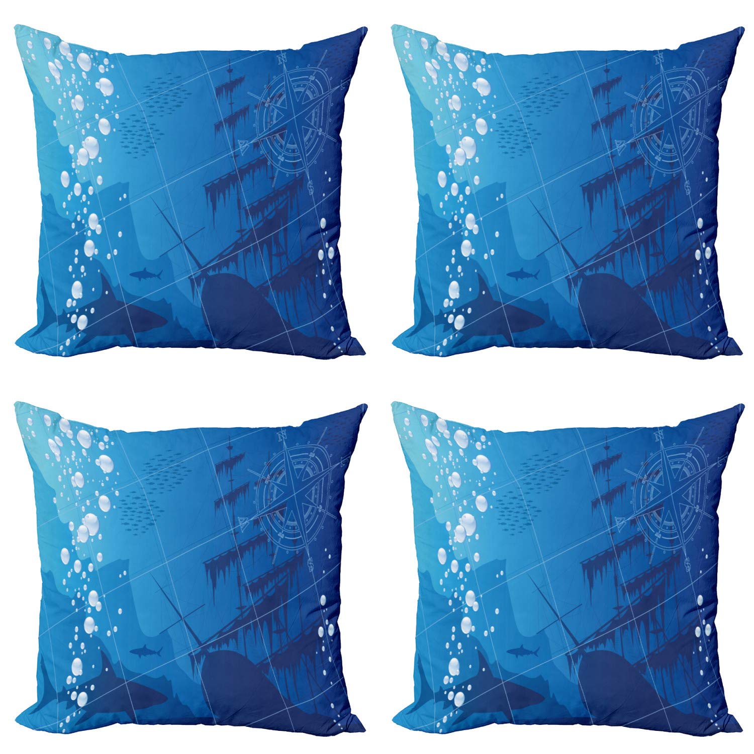 Ambesonne Nautical Decorative Throw Pillow Covers Pack of 4 - Underwater Sharks, Vintage Ship Compass & Windrose Design with Deep Blue Bubbles - 24 Inch Square Cushion Covers for Sofa, Living Room, Bedroom & Car - Perfect for Coastal, Beach House & Marine Theme Decor